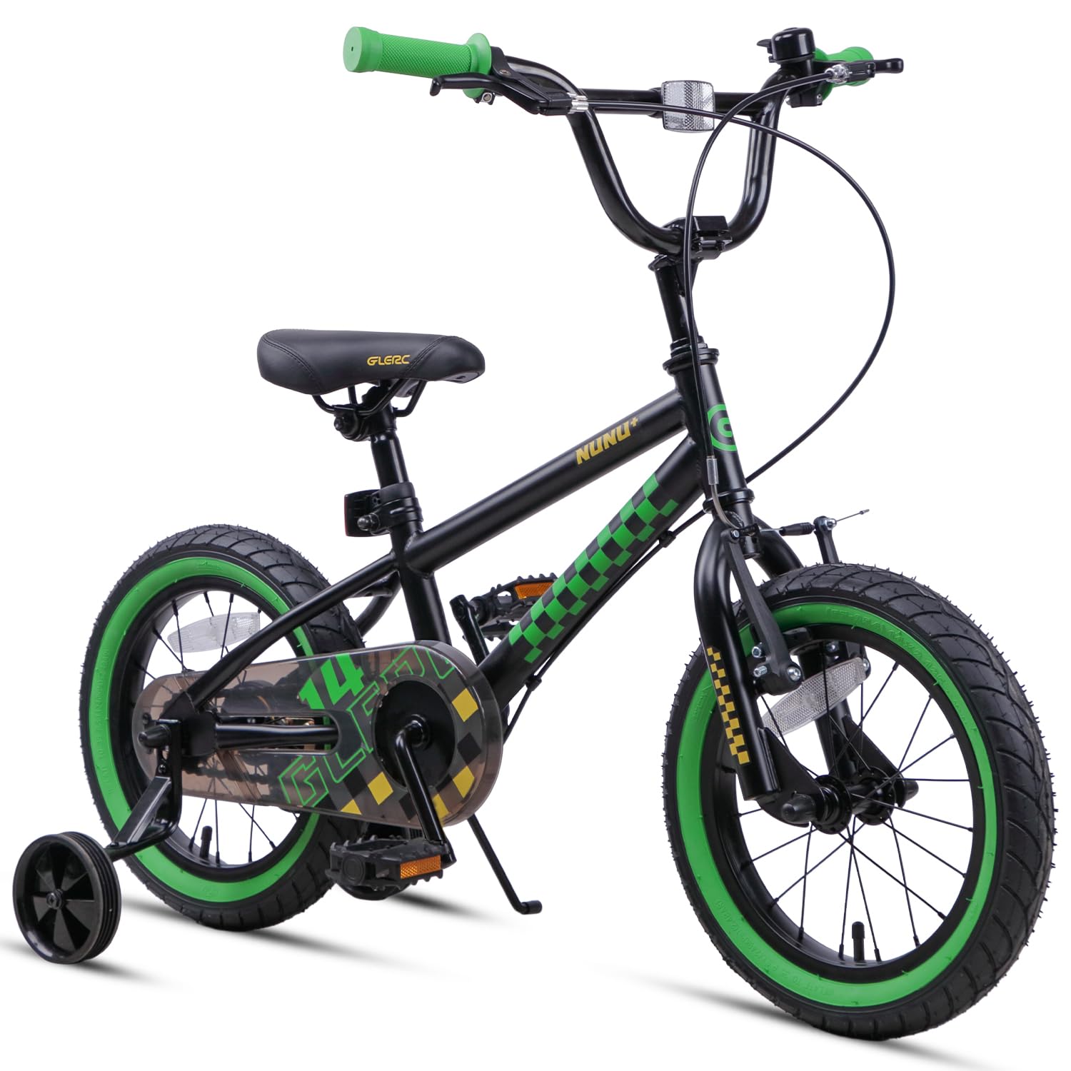 Glerc NuNu 14 Inch Kids Boys Bike BMX Style for 3 4 5 Years Old, Children Bicycles with Dual Handbrakes, Stabilisers & Kickstand & Adjustable Handlebar/Saddle, Black and Green