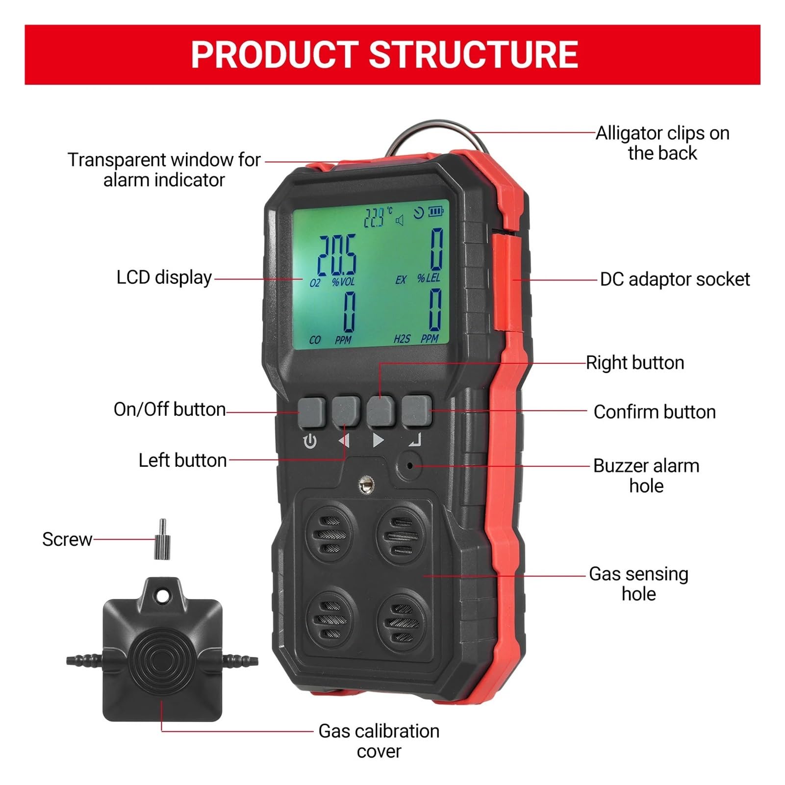 Monitor pomiaru gazów 4 w 1 Monitor gazu LEL/O2/H2S/CO Wyświetlacz LCD Dźwięk Światło Wibracja Alarm Rejestracja danych Precyzyjne czujniki do szybkiego wykrywania