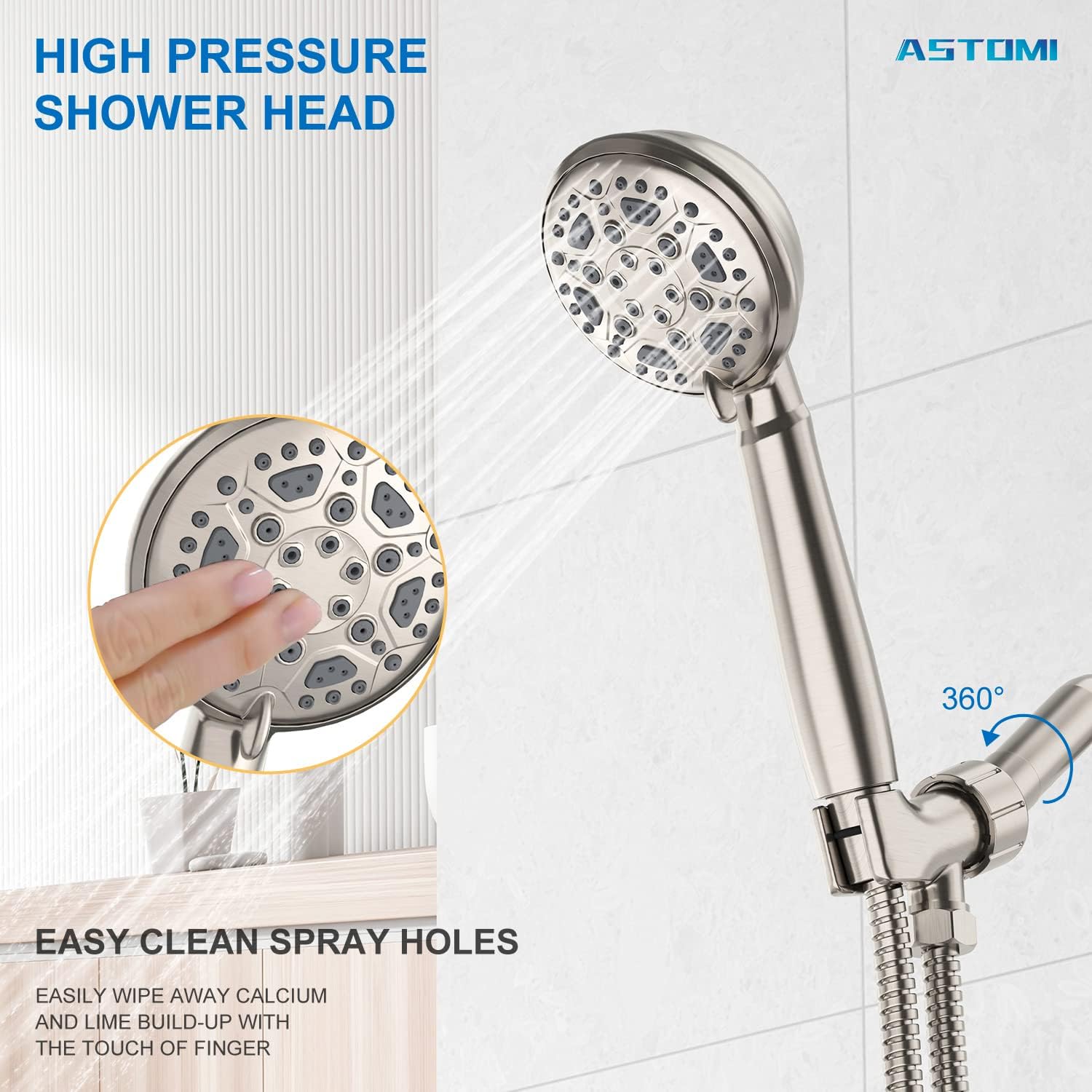 High Pressure Shower Head, Astomi 6 Settings Handheld Shower Head with Hose and Adjustable Bracket, Brushed Nickel