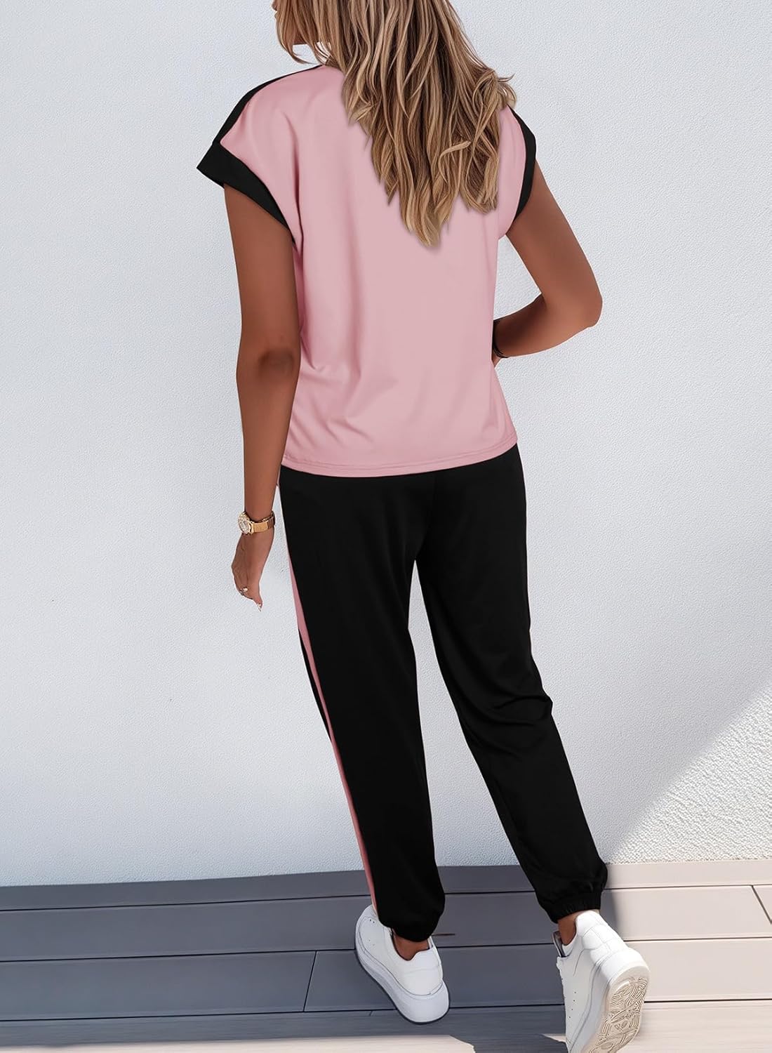 Dokotoo Women's 2 Piece Outfits Sweatsuit Colorblock Comfy Lounge Sets Knit Short Sleeve Jogger Sweatpants Tracksuits