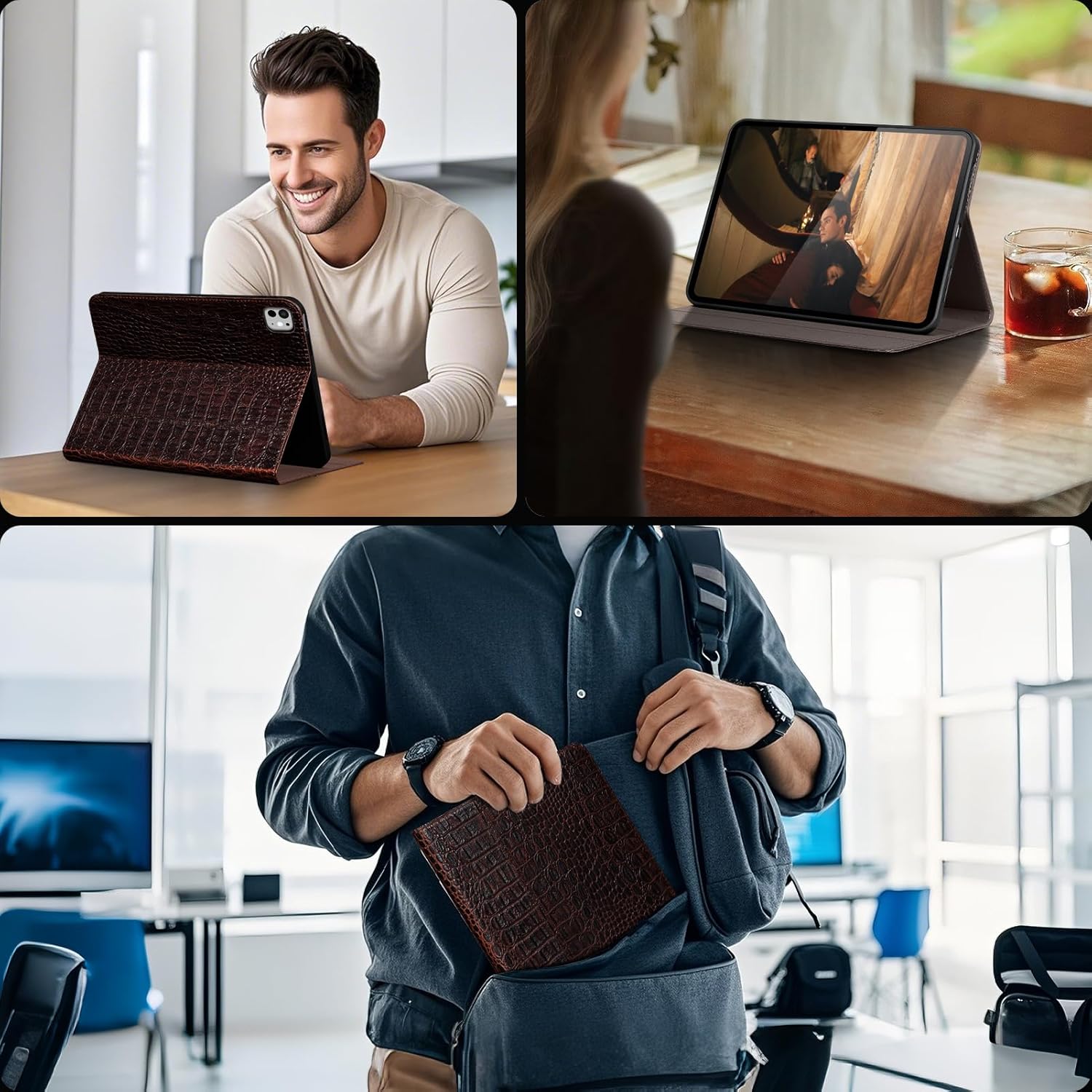 Gexmil Genuine Leather Case for iPad Pro 11 Inch (M5/M4) 2025/2024 with Adjustable Stand,Protective Shockproof Premium Leather Smart Folio Cover Auto Sleep/Wake Anti-Slip,Brown Crocodile