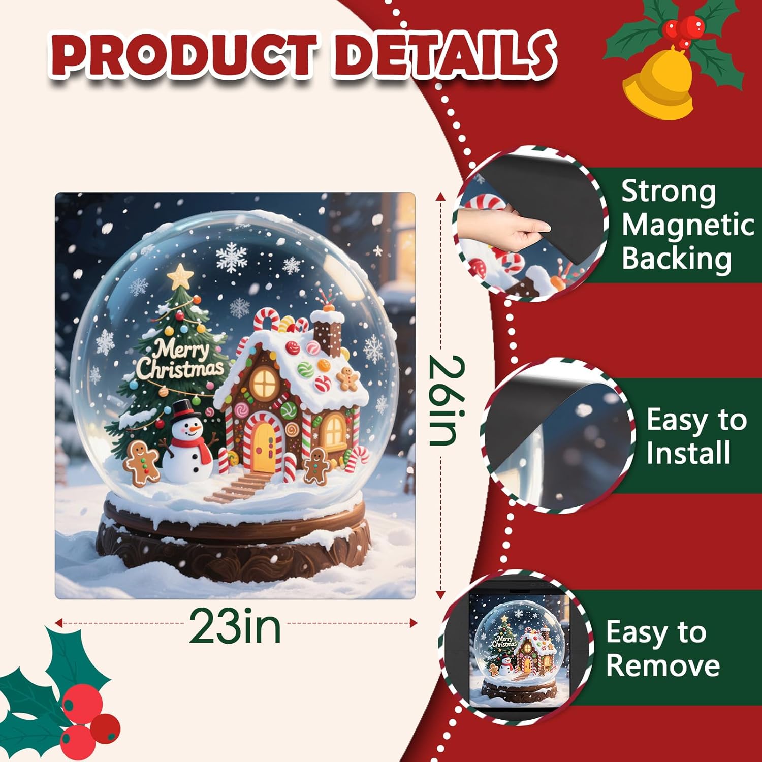 Christmas Crystal Ball Dishwasher Magnet Cover, 23" W x 26" H Fridge Magnetic Stickers Reuseable Magnet Panel Decal Cover for Washing Machine Fridge Microwave Cabinet Kitchen Christmas Decoration