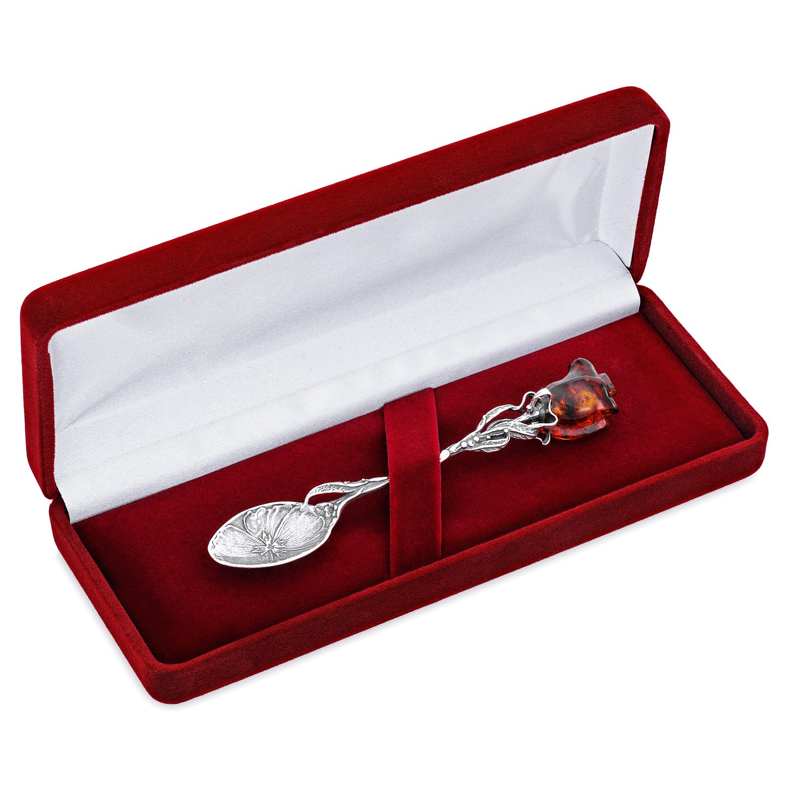 Silberlöffel mit bernsteinfarbener Rose in Cognacfarbe, Sterling Silber Oxidiert, L 10,5 cm