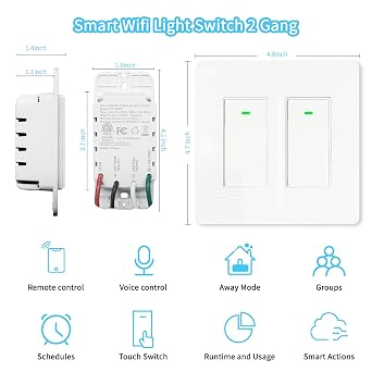 Smart Light Switch 2 Gang(Button), Double Smart WiFi Light Switches, Smart Switch Compatible with Alexa and Google Home, Remote Control Light Switch,Neutral Wire Needed,No hub Required