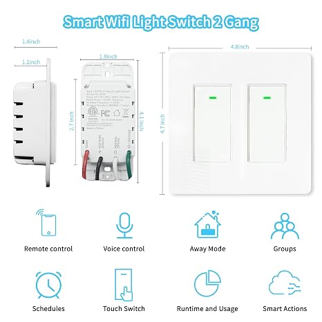 Smart Light Switch 2 Gang(Button), Double Smart WiFi Light Switches, Smart Switch Compatible with Alexa and Google Home, Remote Control Light Switch,Neutral Wire Needed,No hub Required