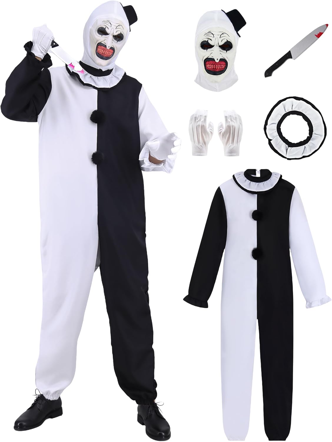 Adult Halloween Costumes for Mens Killer Clowns Costume Black and White Jumpsuit with Mask Gloves Knife Large