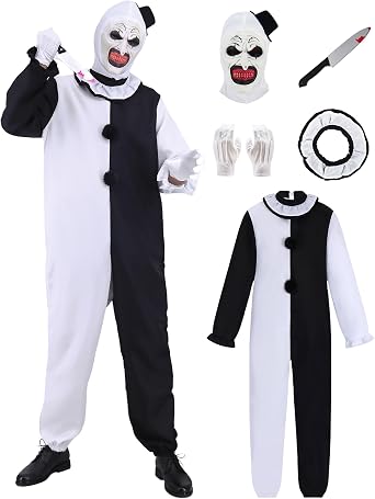 Adult Halloween Costumes for Mens Killer Clowns Costume Black and White Jumpsuit with Mask Gloves Knife