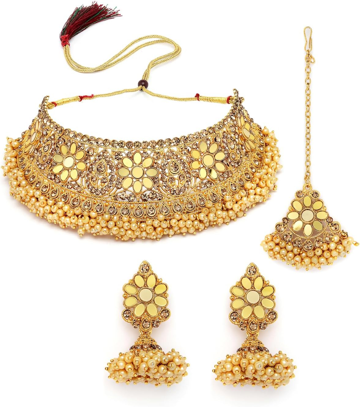 Timelessely Beautiful Gold Plated Gold Kundan & Beads Floral Choker Necklace Set With Earring And Maangtika | Jewellery Set For Women (NS105481)