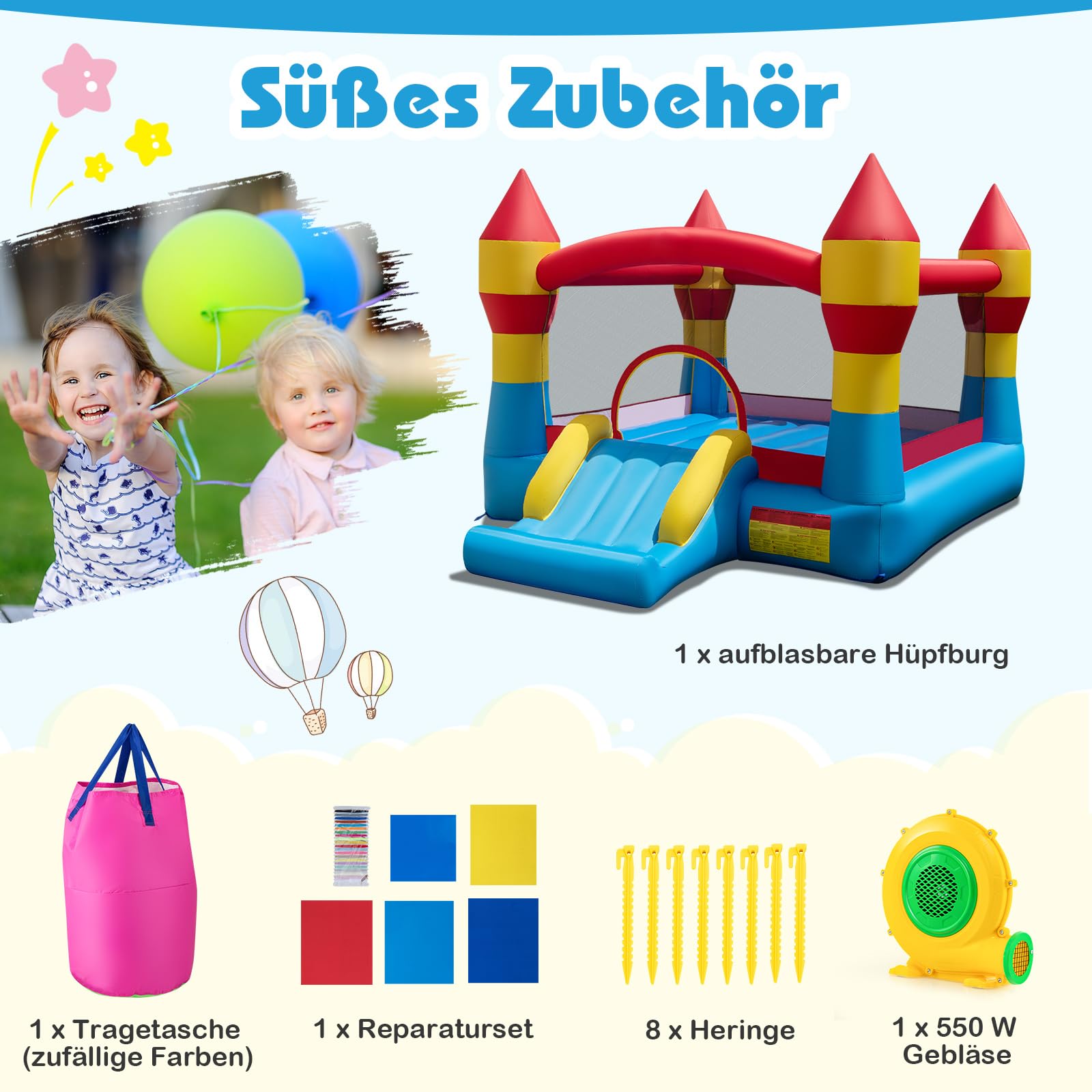 COSTWAY Hüpfburg mit 550W Gebläse, Rutsche und großem Sprungbereich, Kinder Springburg für Indoor & Outdoor, inkl. Tragetasche, Reparaturset, 380 x 280 x 221 cm