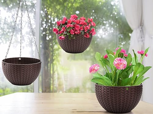 Miniatura 5 de Foraineam Paquete de 4 macetas colgantes de riego automático de 8.2 pulgadas, maceta para plantas de jardín, maceta colgante con escurridor y cadena