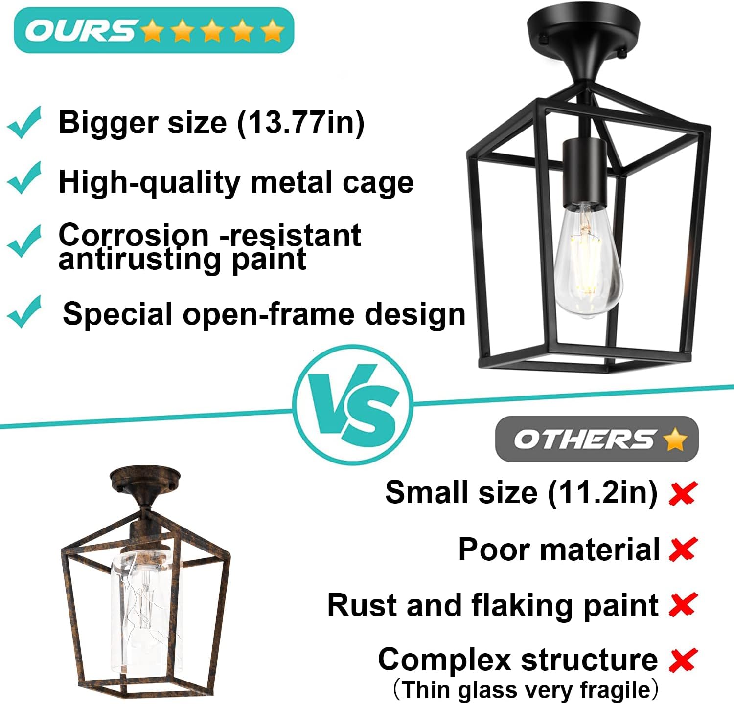 【Upgraded】 Semi Flush Mount Ceiling Light, Black Industrial Ceiling Light Fixtures, Farmhouse Light Fixture for Entryway Porch Hallway Stairway Garage Living Room Dining Room Balcony