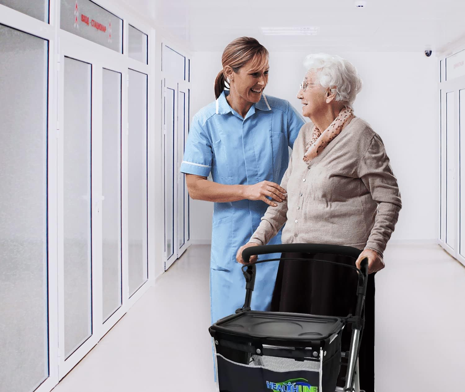 HEALTHLINE Rollator Walker for Seniors - Lightweight 4 Wheel Eldery Walker Heavy Duty - Rollator Walkers for Seniors with Basket & Tray - Narrow Doors Indoor Rollator White Color