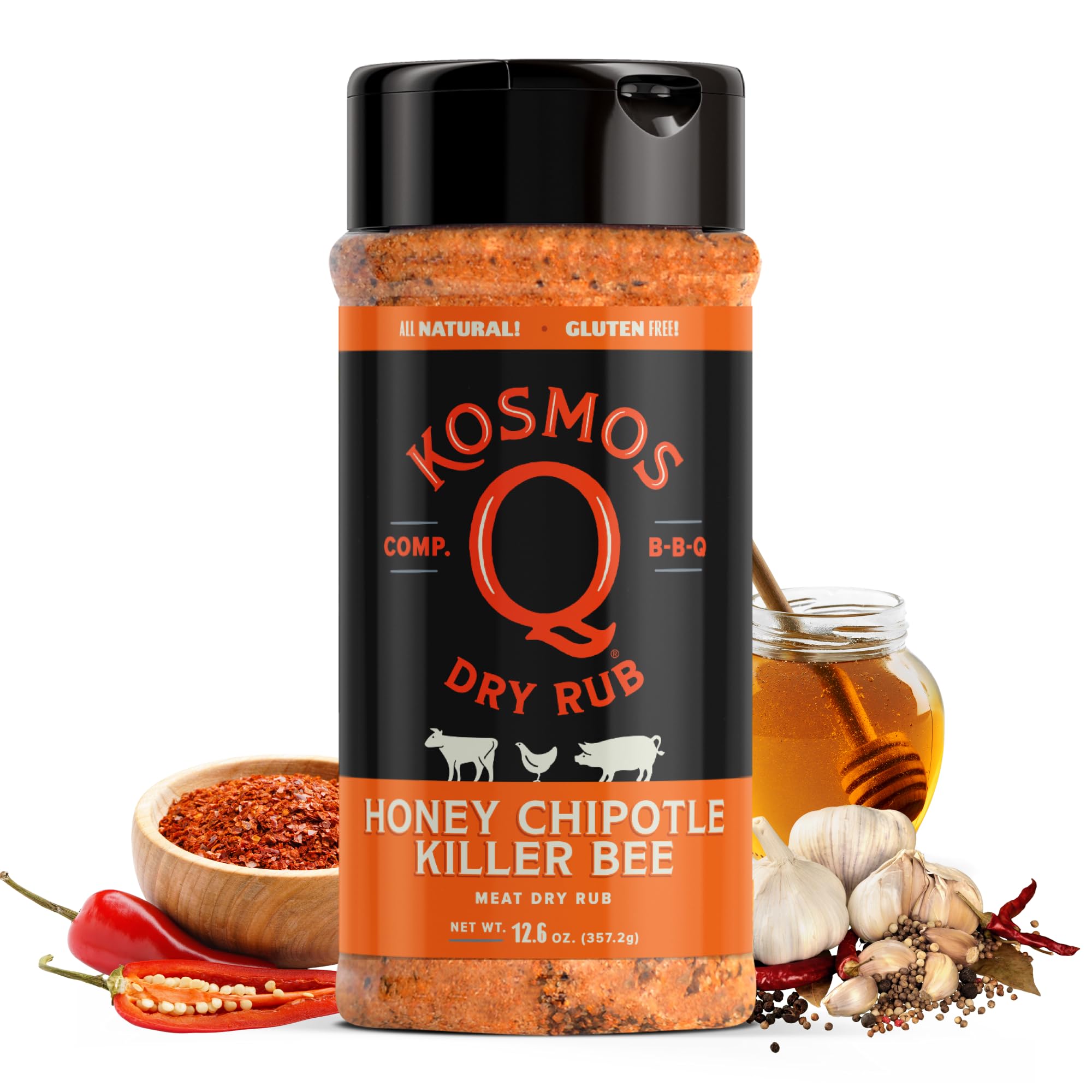 Kosmos Q Honey Chipotle Killer Bee BBQ Dry Rub, Sweet and Spicy Seasoning with Sugar, Chipotle, Garlic & Paprika for Ribs, Pulled Pork, Chicken, Dry Rub For Smoking & Grilling, 12.6 Oz Shaker Bottle
