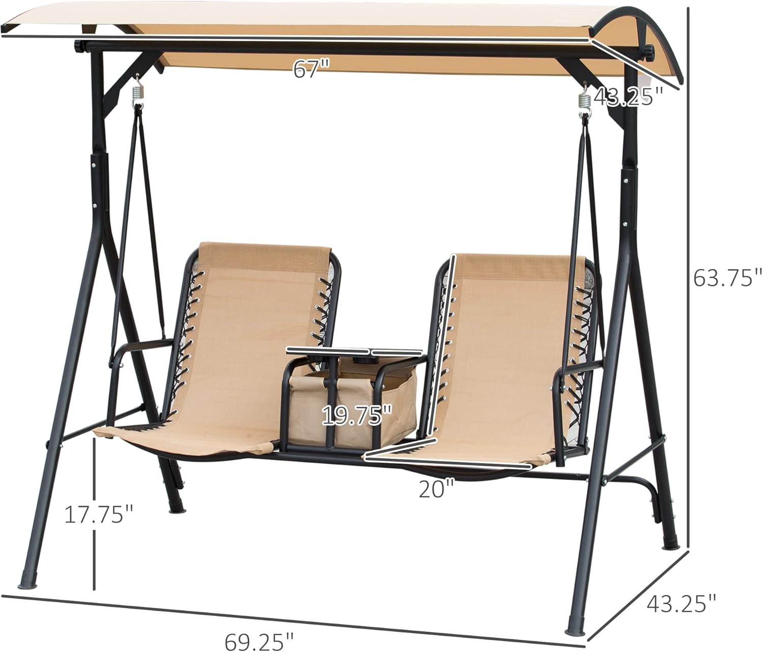 Outsunny 2-Seater Patio Swing Chair, Outdoor Canopy Swing Glider with Pivot Storage Table, Cup Holder, Adjustable Shade, Bungie Seat Suspension and Weather Resistant Steel Frame, Beige