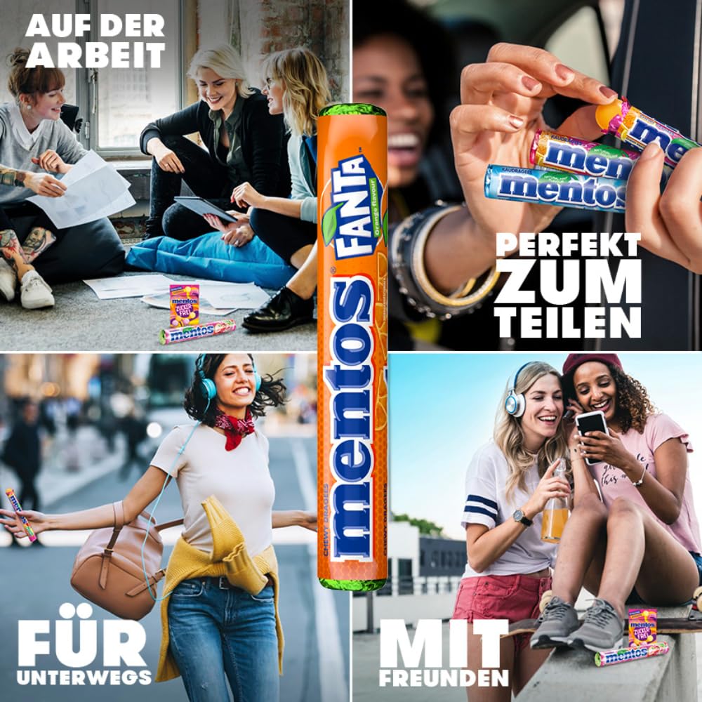 Mentos Fanta Dragees, Frucht-Bonbons mit Original Fanta-Flavour, Kaubonbons mit fruchtigem Orangen-Limonaden Geschmack, Süßigkeiten Multipack (40 Rollen), vegan