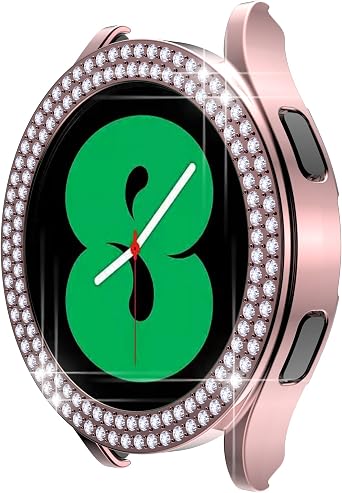 Compatible for Galaxy Watch 5 40mm 44mm Double Row Diamond PC Plating Bumper Bling Case Crystal Diamonds Shiny Glitter Frame Hard Protective Cover for Galaxy Watch 4 40mm 44mm 40mm, Pink