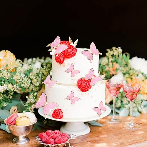 Miniatura 5 de ZpiLkes 30 adornos de mariposa para tartas de mariposa en 3D, cola de oro rosa, mariposa, fiesta de cumpleaños, decoración para aniversario, boda,