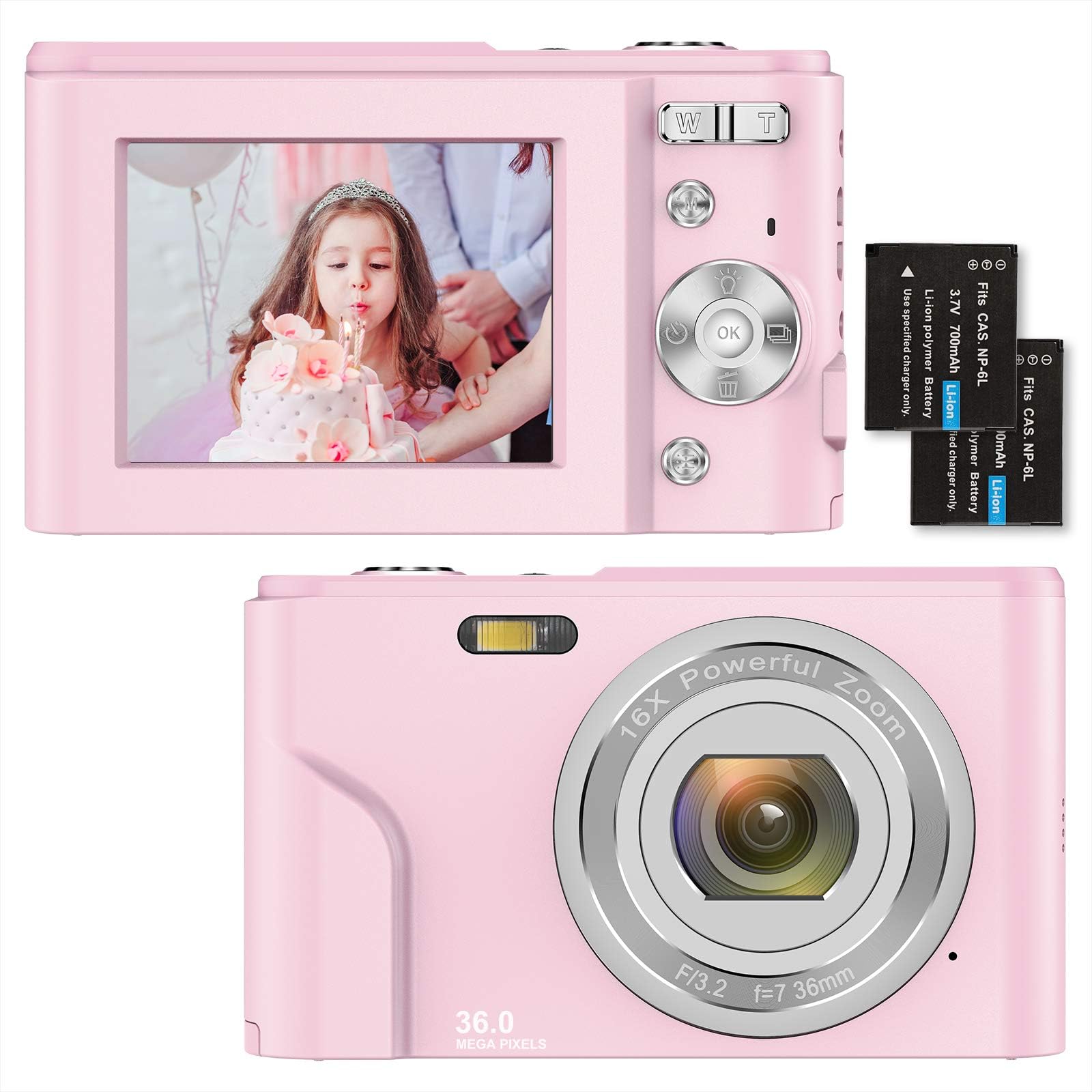 Digital Camera,1080P HD 36MP Compact Mini Video Camera 2.4 Inch Rechargeable Youtube Vlogging Camera with 16X Digital Zoom Pocket Camera for Beginners/Seniors/Adult/Teenagers/Kids/Students(Pink)