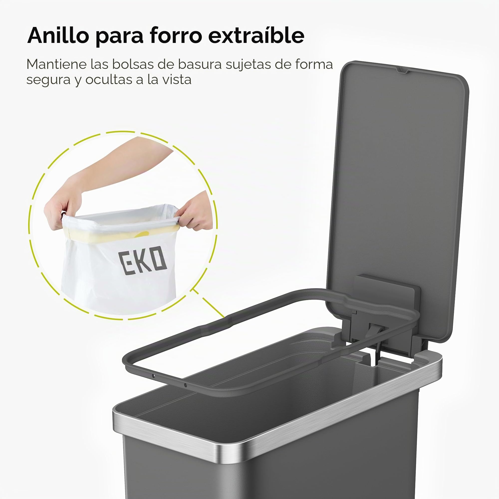 EKO Hana - Cubo de basura con pedal de cocina de 30 L, con ruedas integradas para cocina y uso doméstico, color gris