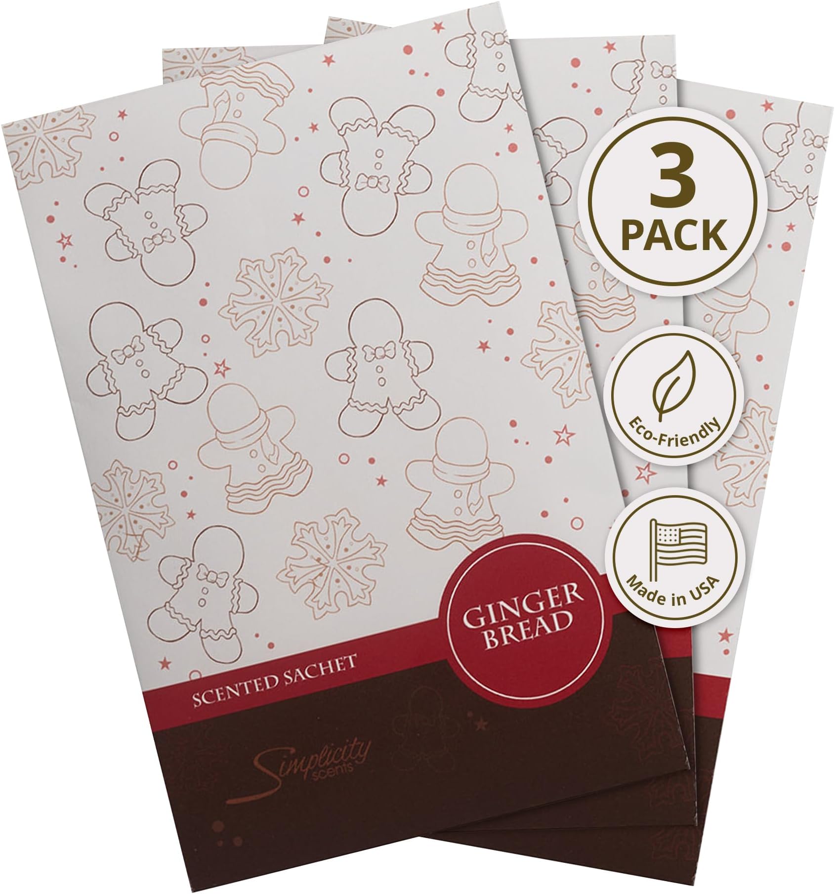 Simplicity Scents Gingerbread Scented Sachets Pack of 3, Fall & Winter - Long-Lasting Scented Bags, Home Fragrance, Air Freshener & Deodorizer for Closet, Room, Drawer, or Cars, Made in USA