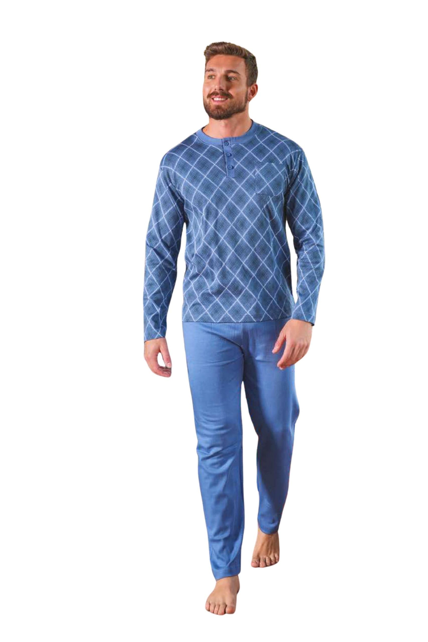 Leo Corsetteria Pigiama Lungo Uomo 100% Caldo Cotone Invernale Serafino No Polsini con Tasca 60024-61024ARC