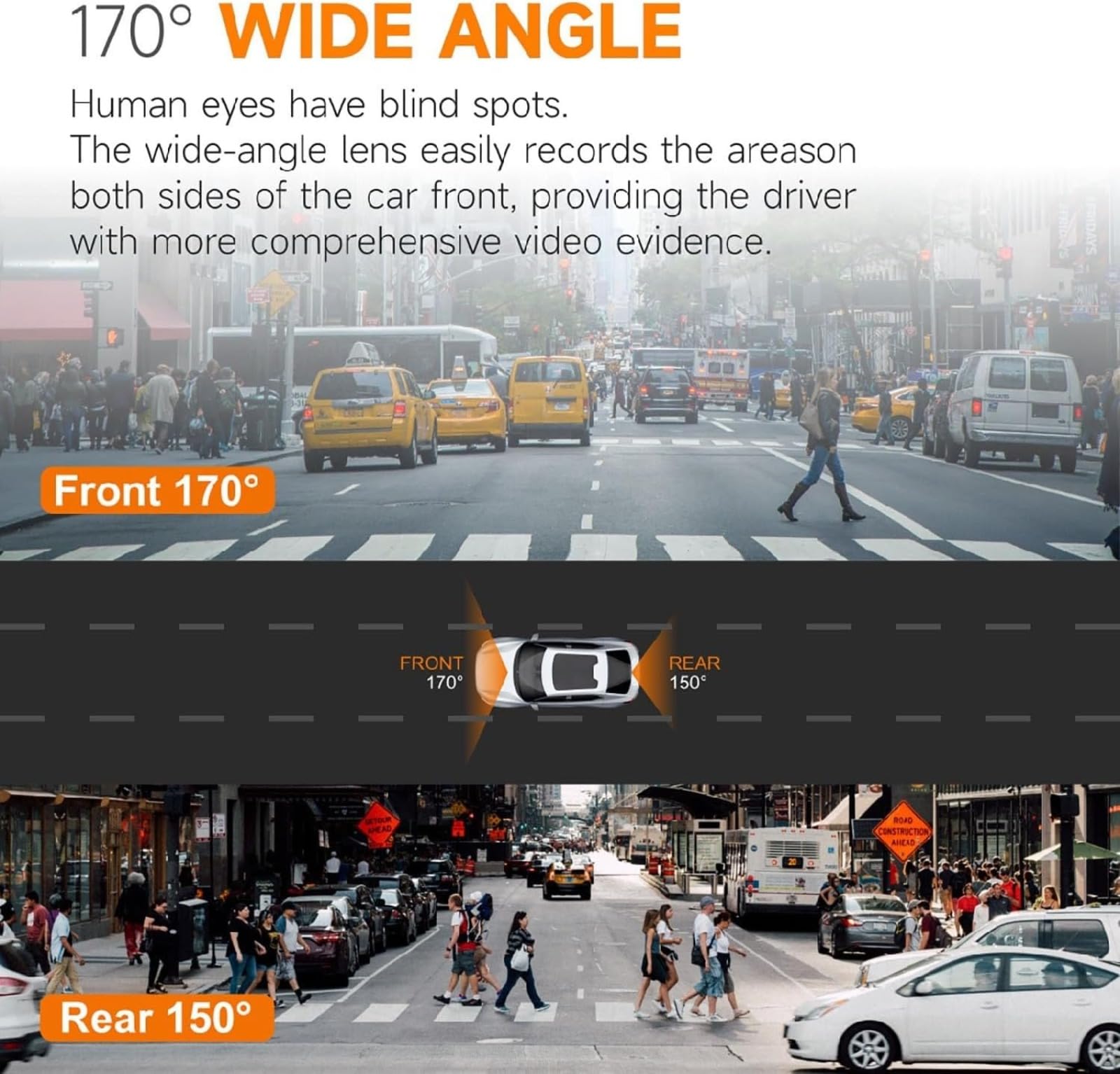 Auto Dash Cam, 4K HDR Aufnahme, WiFi App Steuerung, 170° Weitwinkel, 1440P vorne & 1080P hinten, Temperaturbeständig, für Autos