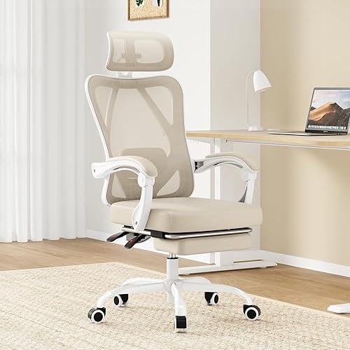 Miniatura 3 de Farini Silla de oficina con reposacabezas, silla de oficina ergonómica de malla con reposapiés, silla de escritorio de respaldo alto con madera