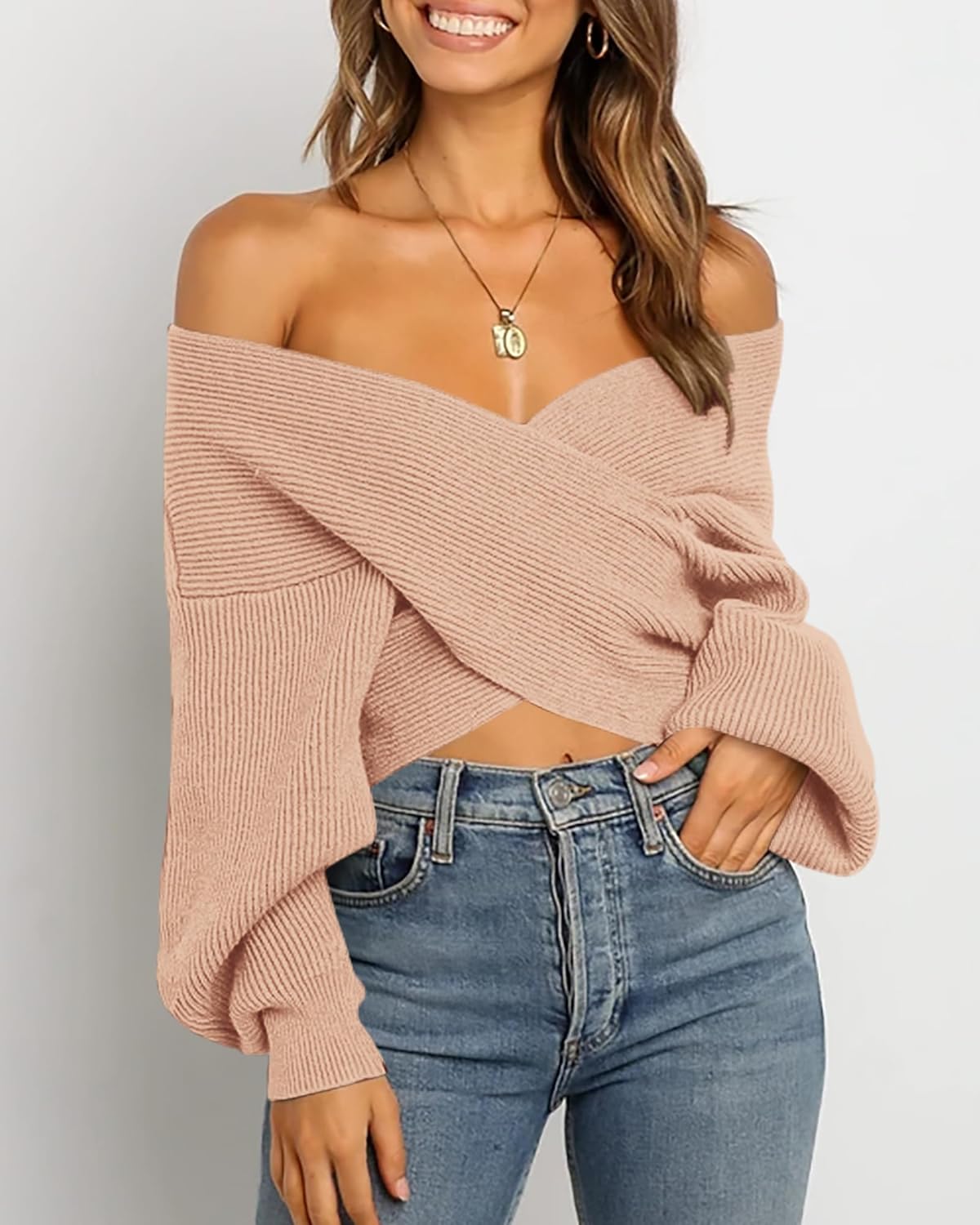 BTFBM Off The Shoulder Sweater for Women Winter Fall Fashion 2026 V Neck Long Sleeve Ribbed Knit Wrap Cropped Sweaters - Image 2