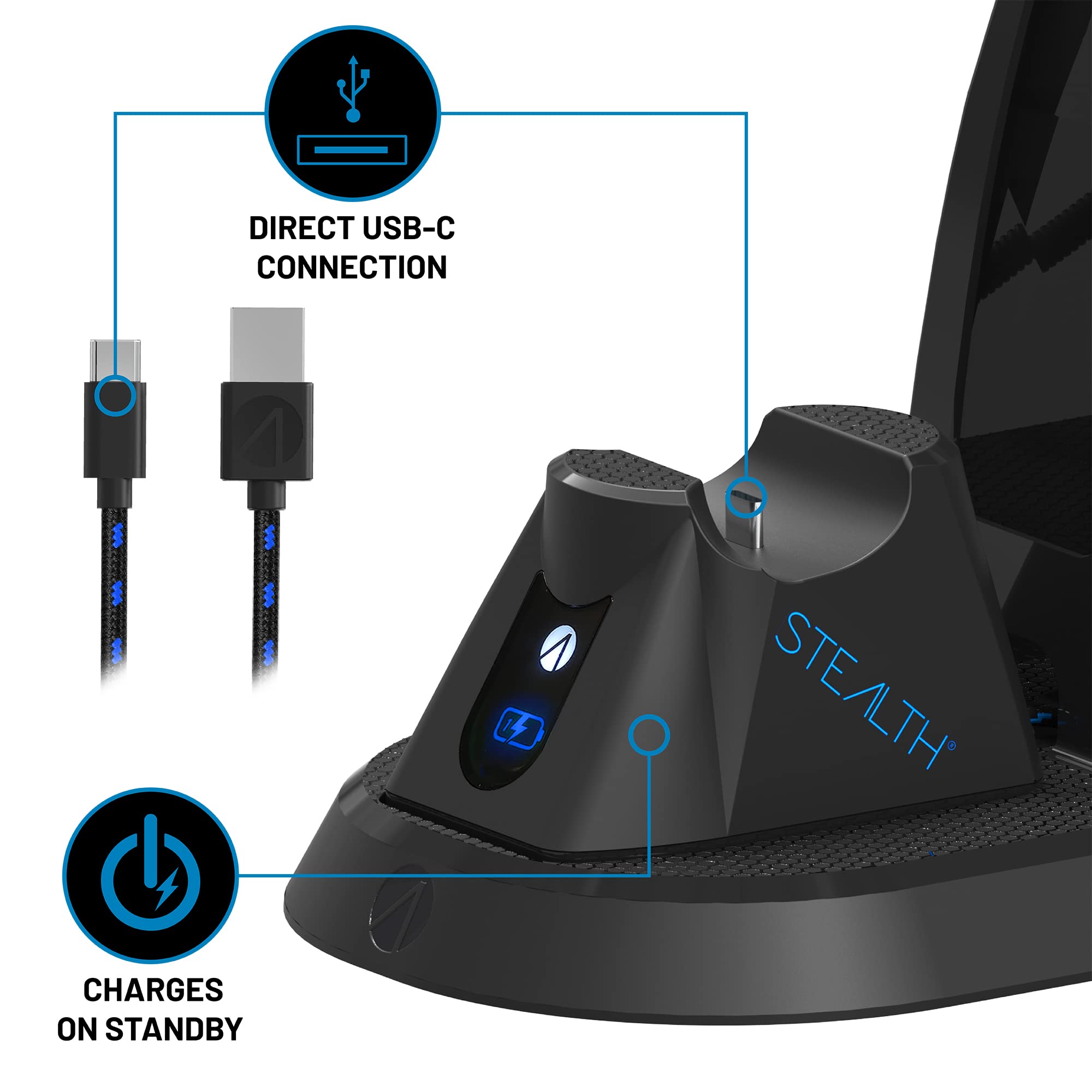 STEALTH Estación de juego definitiva PS5 con auriculares a juego y soporte para mandos a juego y cable de carga USB-C trenzado de 2 m