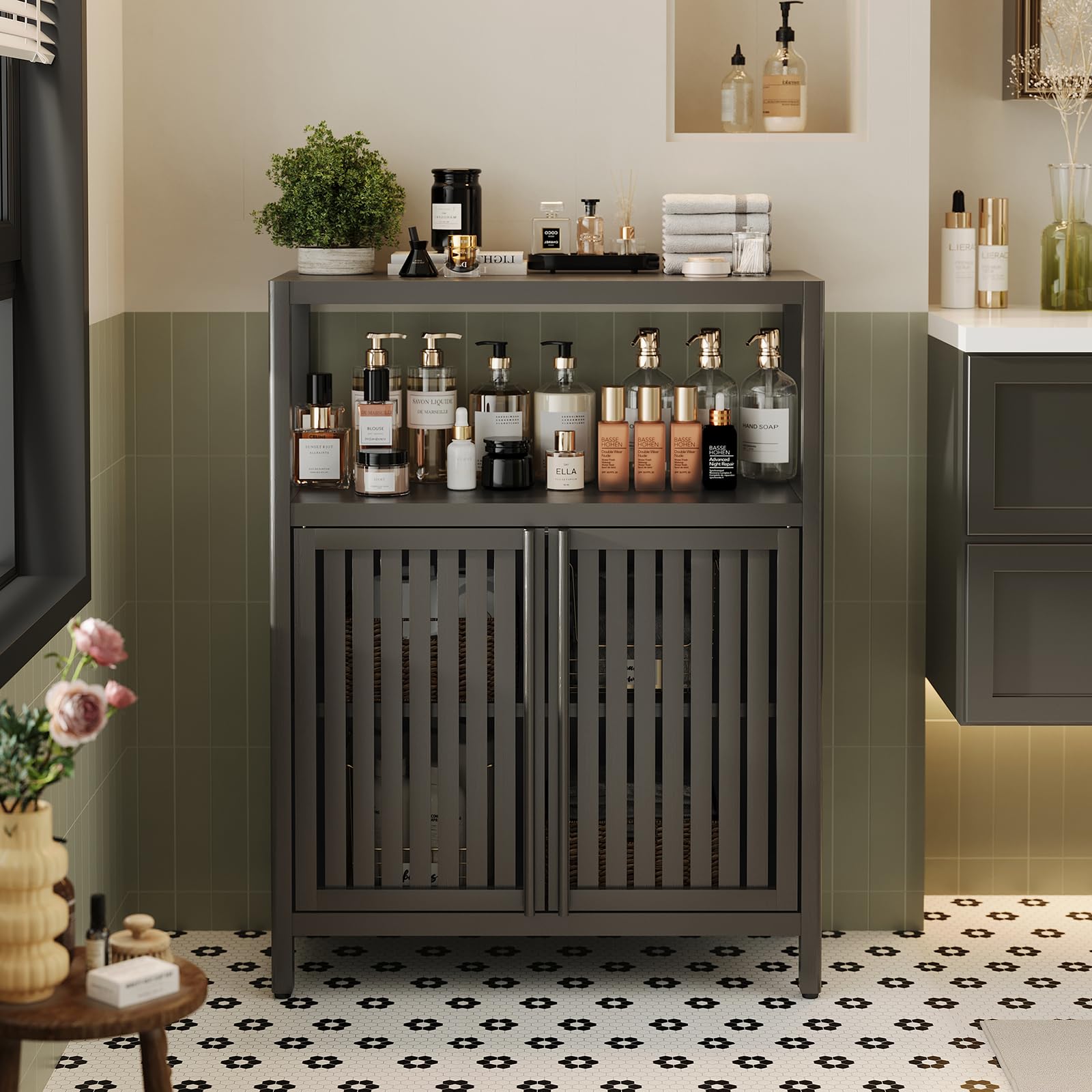 AOPNOMU Bamboo Bathroom Storage Cabinet Furniture, Bathroom Floor Cabinet with 2 Shutter Doors and Open Shelf, Freestanding Storage Organizer for