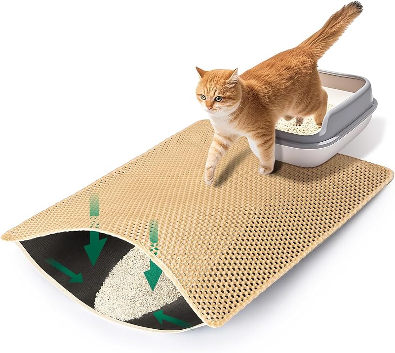 Tapete Coletor de Areia para Caixa de Gatos USHARP, Dupla Camada com Colmeia, Impermeável e Antiderrapante, Khaki, 63,5 x 40,64 cm