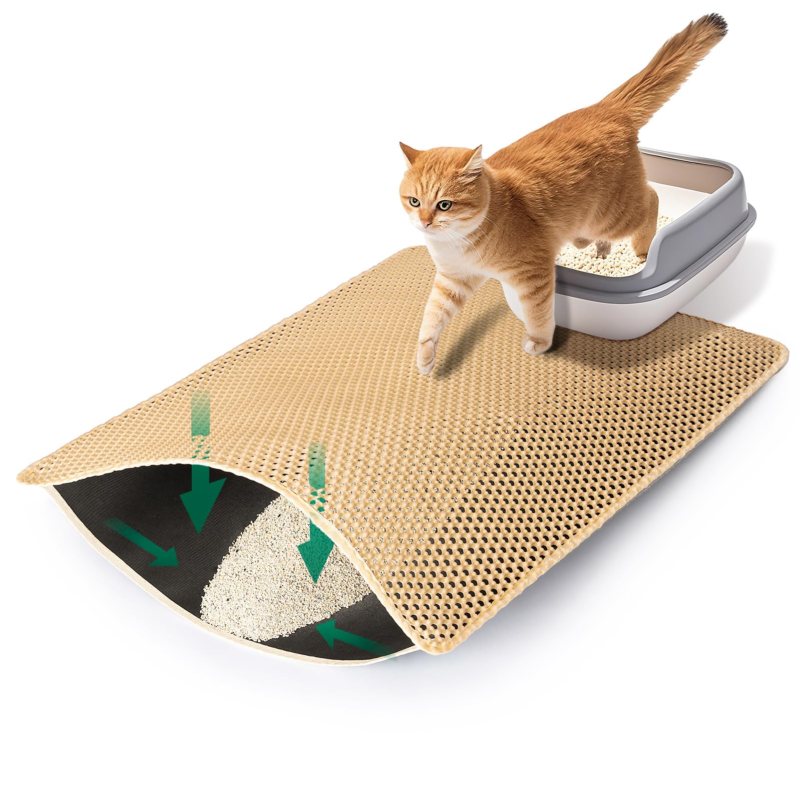 Cat Litter Mats Litter Trapping Mat, 25''x16'' Cat Litterbox Mat for Floor, 2 Layer Honeycomb Pet Litterbox Matt Catcher Rug, Waterproof Urine Proof, Non-Slip, Soft, Clean Easily, Small
