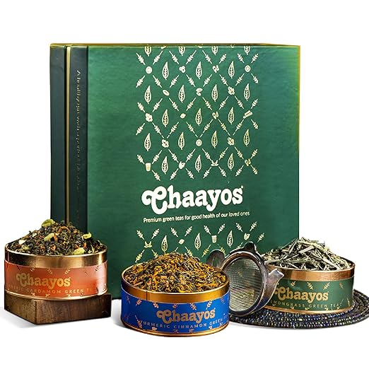 Chaayos Premium Gift Hampers | Contains Cinnamon, Turmeric Cardamom & Lemongrass Green Teas | Whole Leaf Tea Set | Gift Hamper For Family And Friends | Luxury Gift Set, 50 Gram