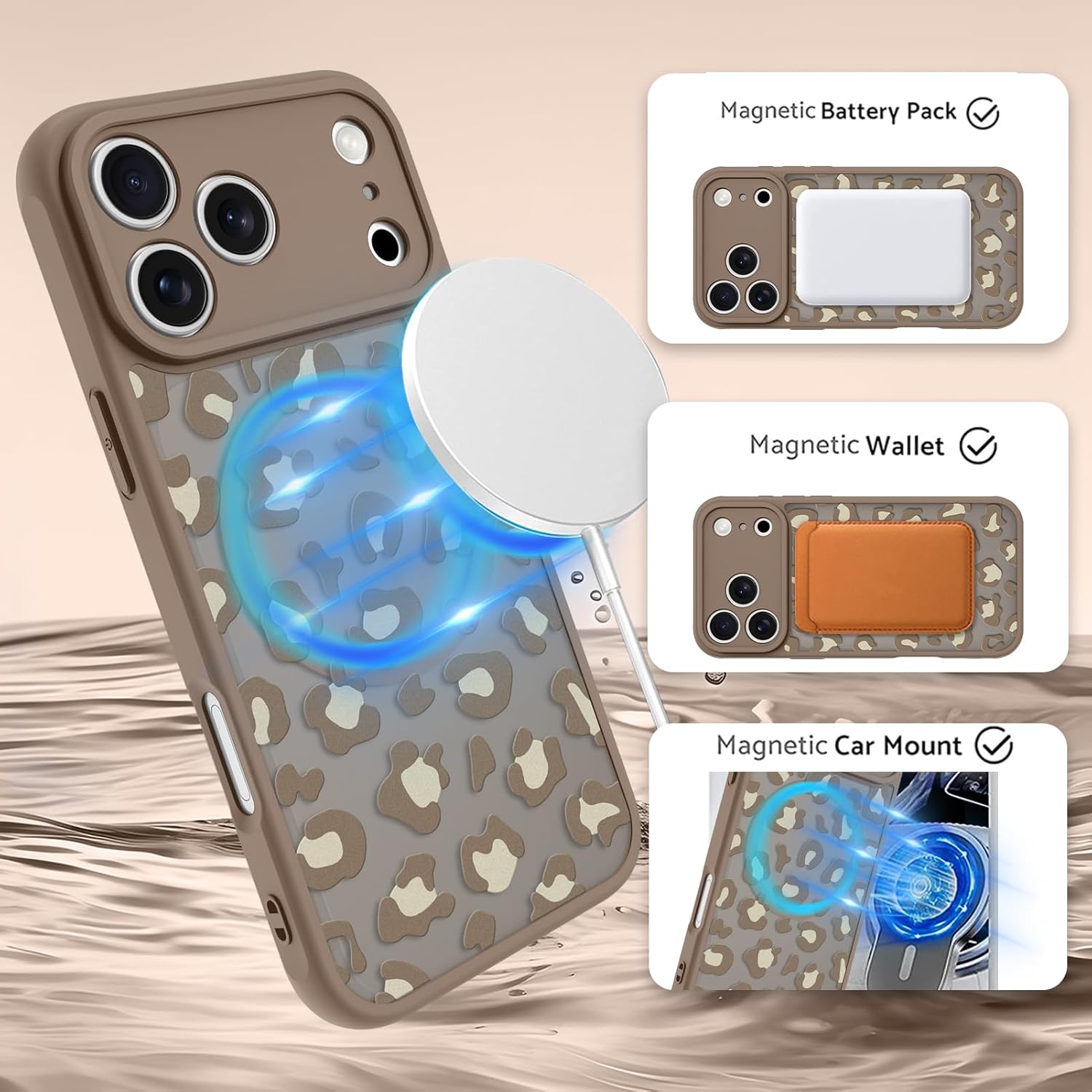 OOK Case for iPhone 17 Pro Max 6.9 Inch (Compatible with MagSafe) Brown Leopard Print Translucent Phone Cover Soft TPU + Hard PC Anti-Scratch Shockproof Magnetic Case for Women