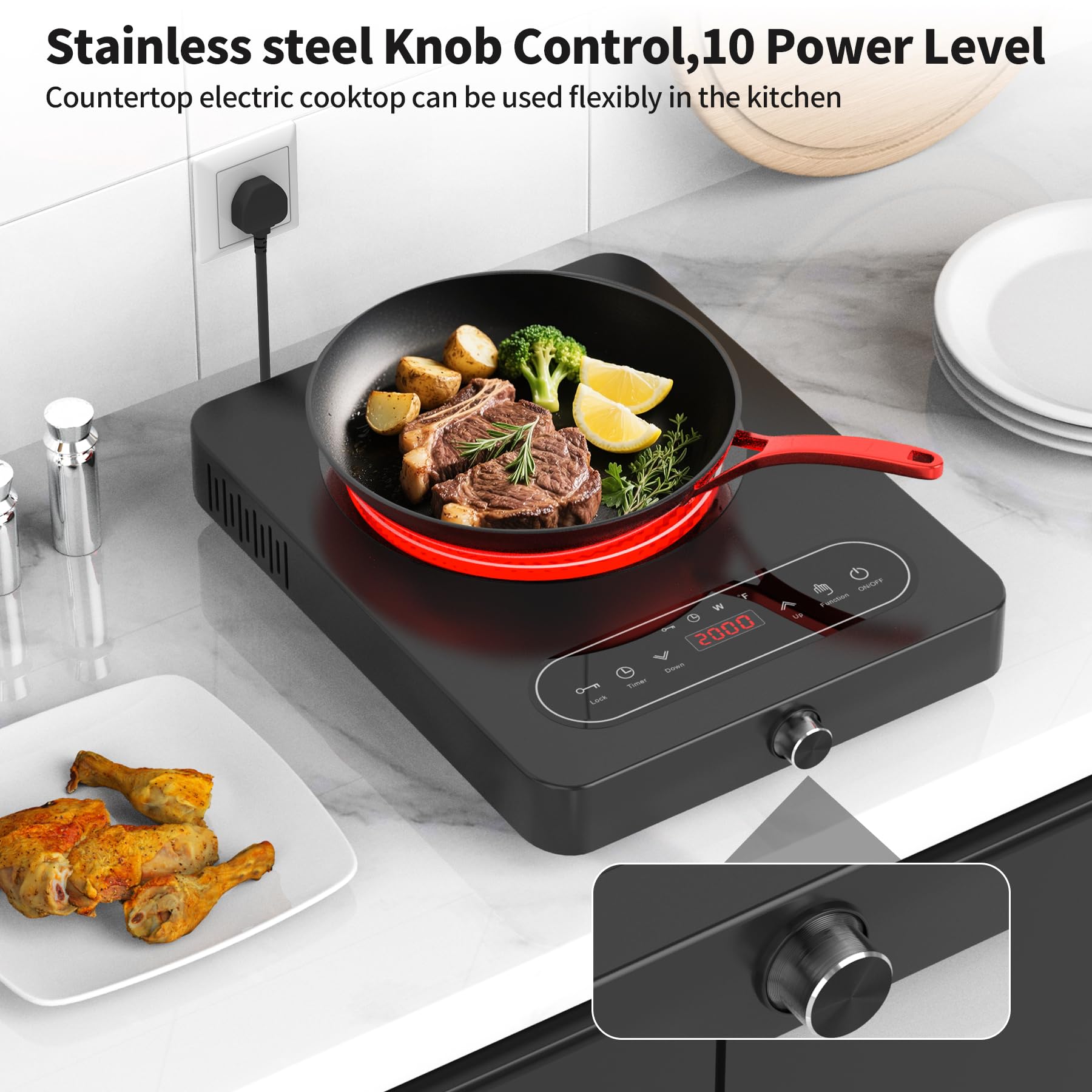 VBGK Portable Ceramic Hob, Single Electric Hob with Knob, LED Display, 10 Power & Temperature Settings, 4-Hours Timer, Safety Lock, Portable Electric Cooktop for All Cookware — view 6