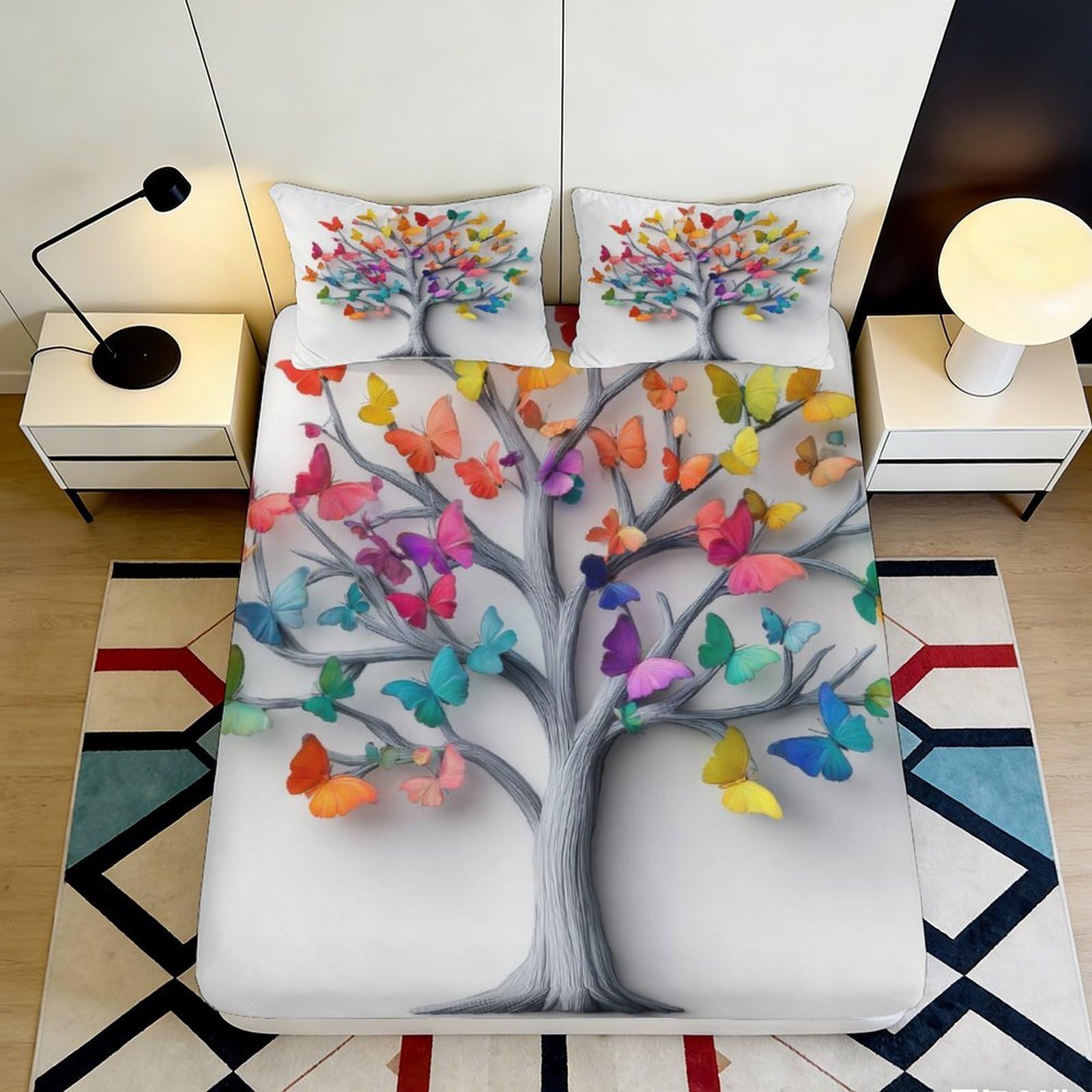 3D Printed Colorful Butterfly Tree Fitted Sheet Microfiber Soft Mattress Cover Anti-Slip Bedroom Decor Machine Washable 180x200x25cm