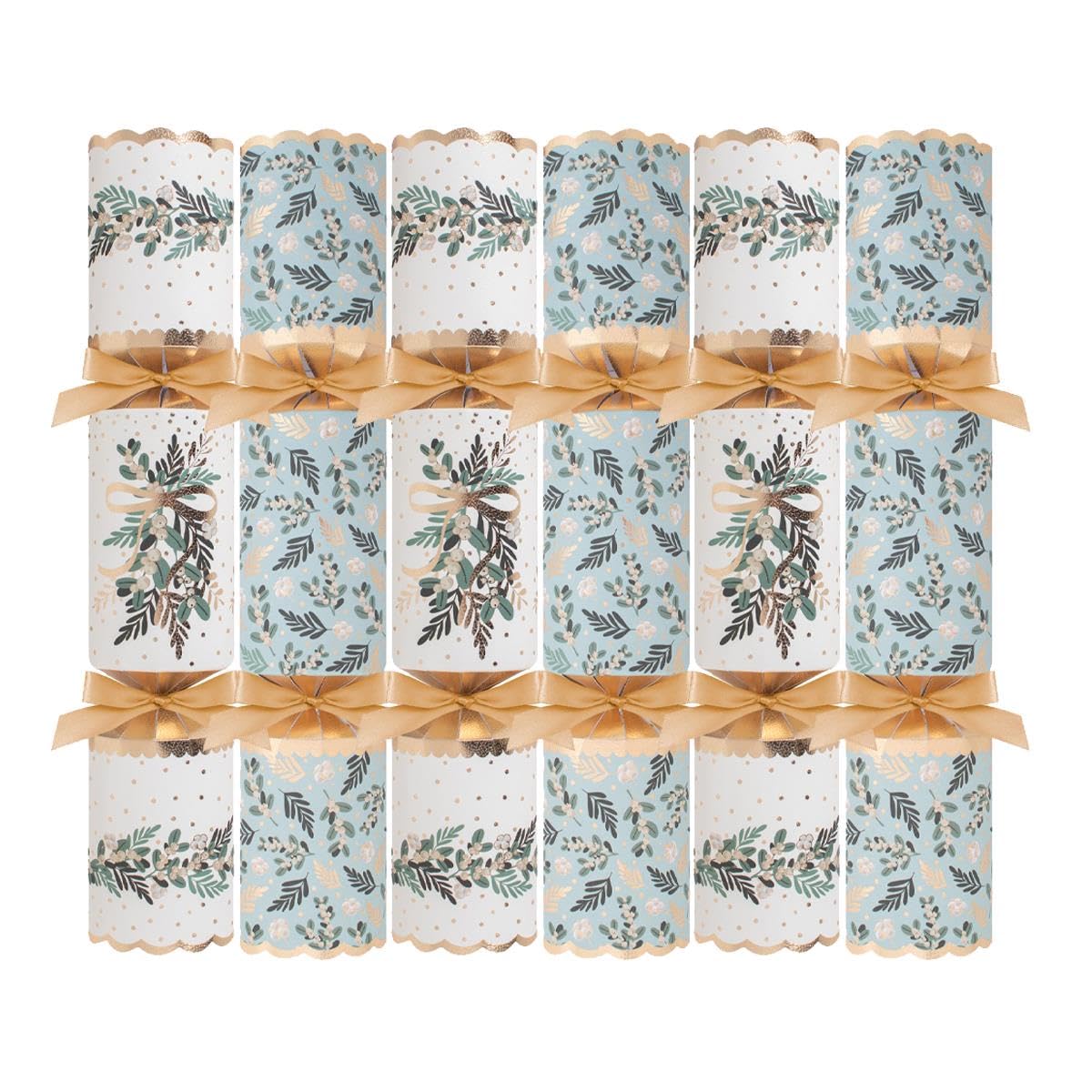 Yöl White Mistletoe Pack Of 6 Deluxe White Blue Gold Christmas Crackers - 13.5" Metallic Festive Xmas Holiday Dinner Table Decorations - Novelty Fun Prizes Gifts Contains Hats Jokes Duck Egg