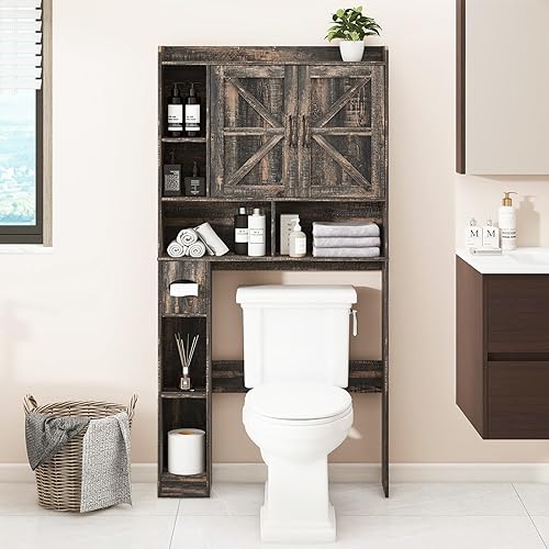 Estante de Almacenamiento Sobre el Inodoro, Gabinete de Almacenamiento de Granja Sobre el Inodoro con 2 Puertas de Granero y Soporte para Papel Gris