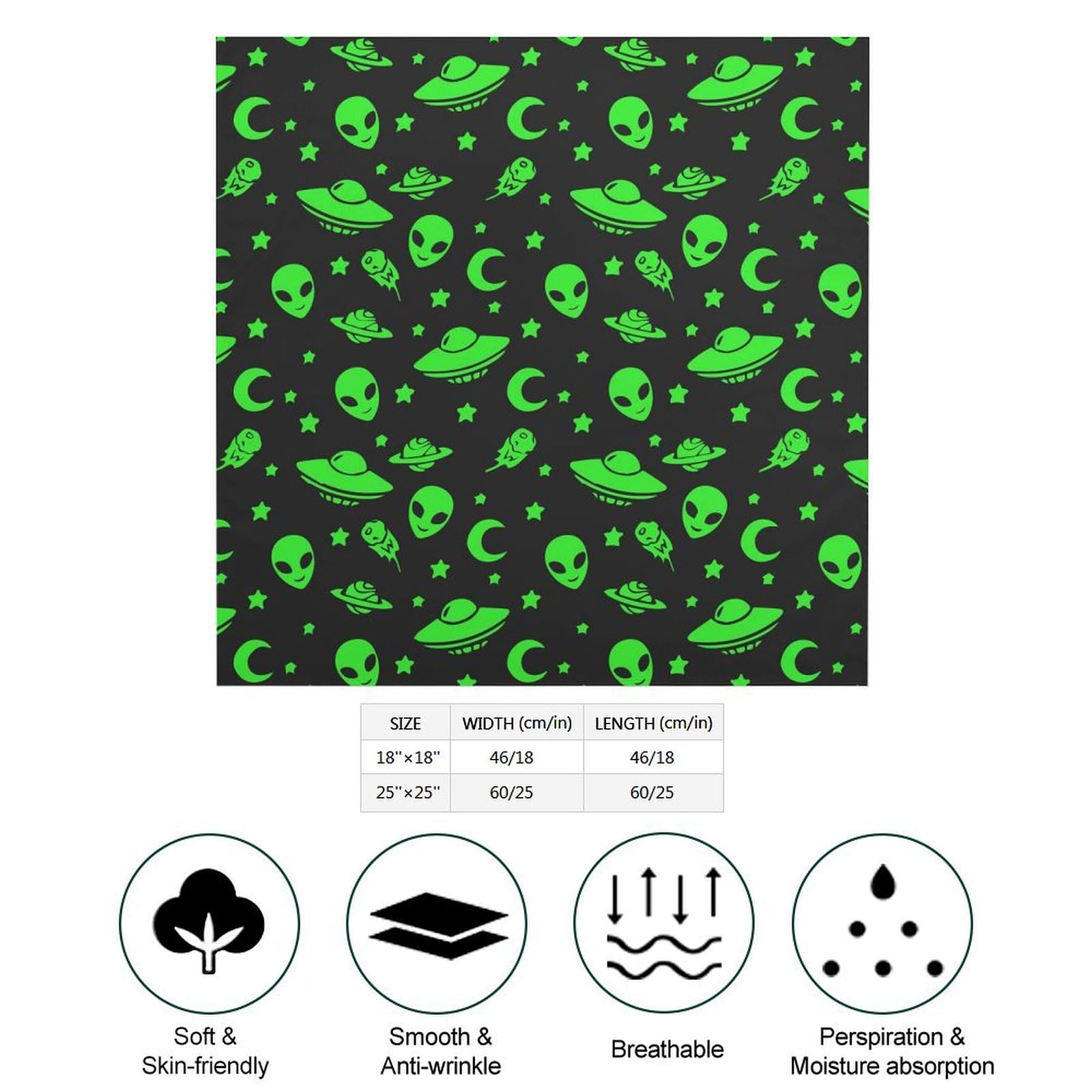 Vintage Scarf Handkerchief for Men Women, Smooth Polyester Bandana Alien Funny Spaceships Planet Green Black, Multi Purpose Face Mask Neck Gaiter