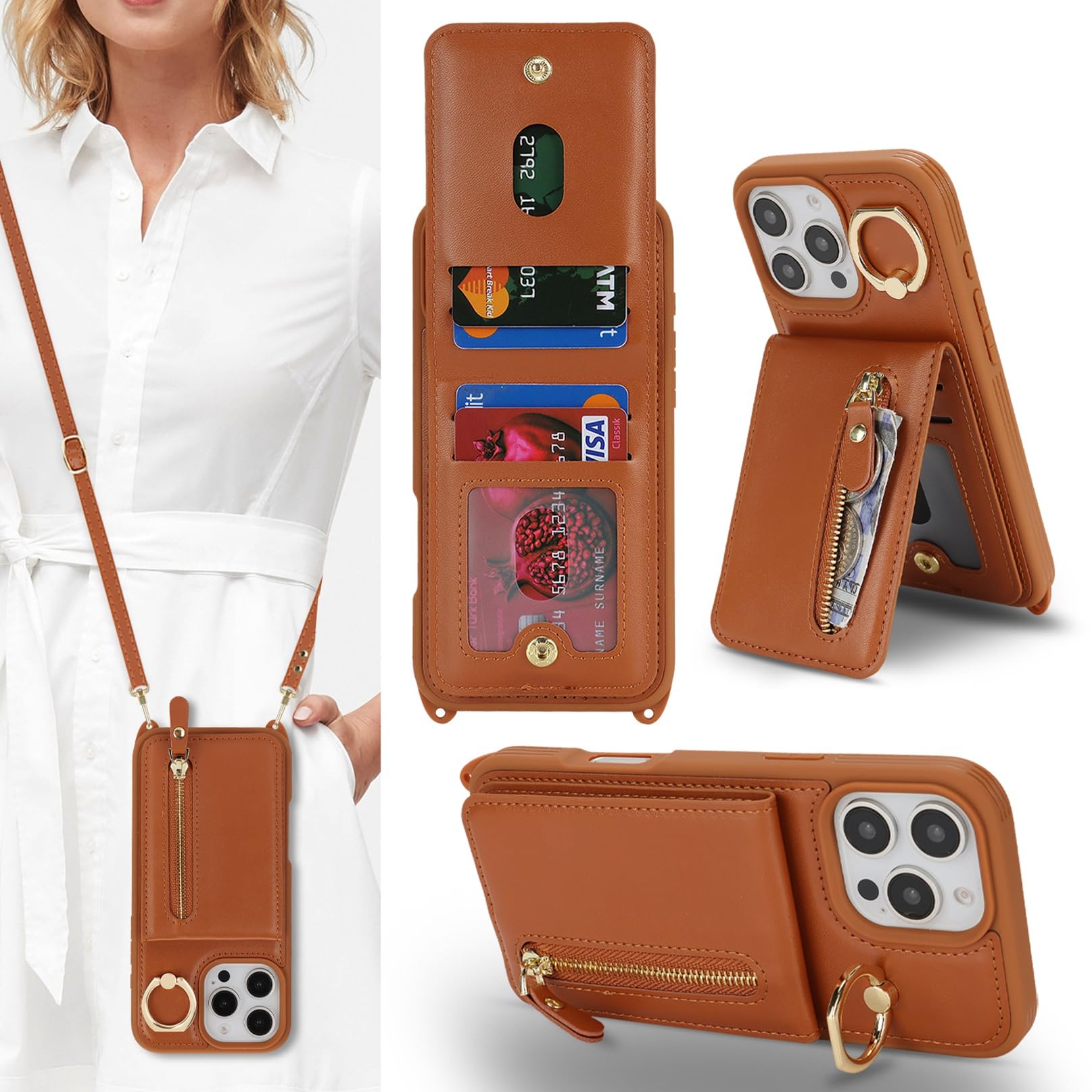 Jaorty Compatible with iPhone 16 Pro Case Wallet with Card Holder for Women Men,with Ring Holder,PU Leather Magnetic Snap Zipper Phone Case with Crossbody Strap for iPhone 16 Pro 6.3",Brown