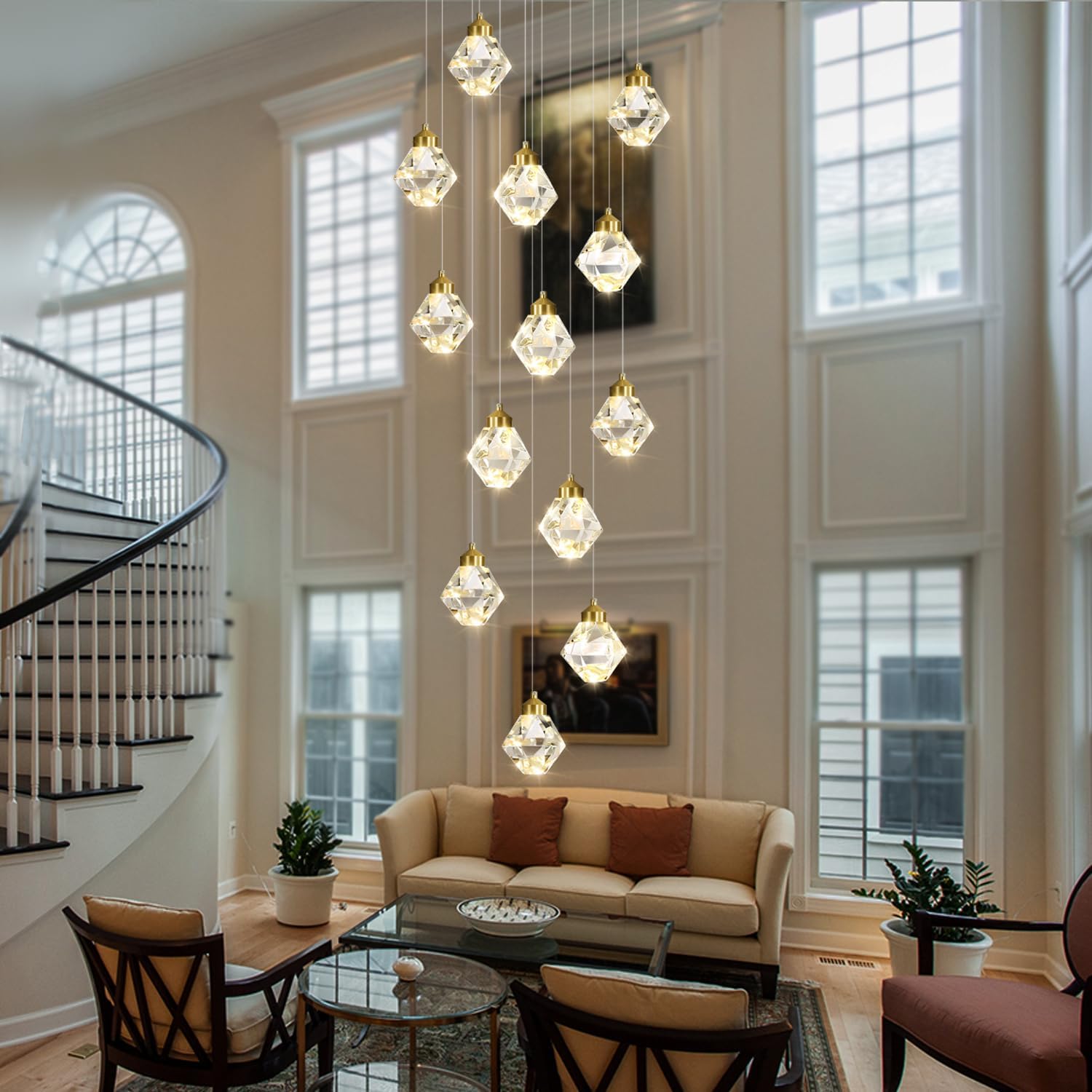 H138in Foyer Chandelier Staircase Chandeliers for High Ceiling Gold Pendant Light Fixture 14-Lights Crystal Chandelier Lighting Fixture for Living Room Staircase Villa