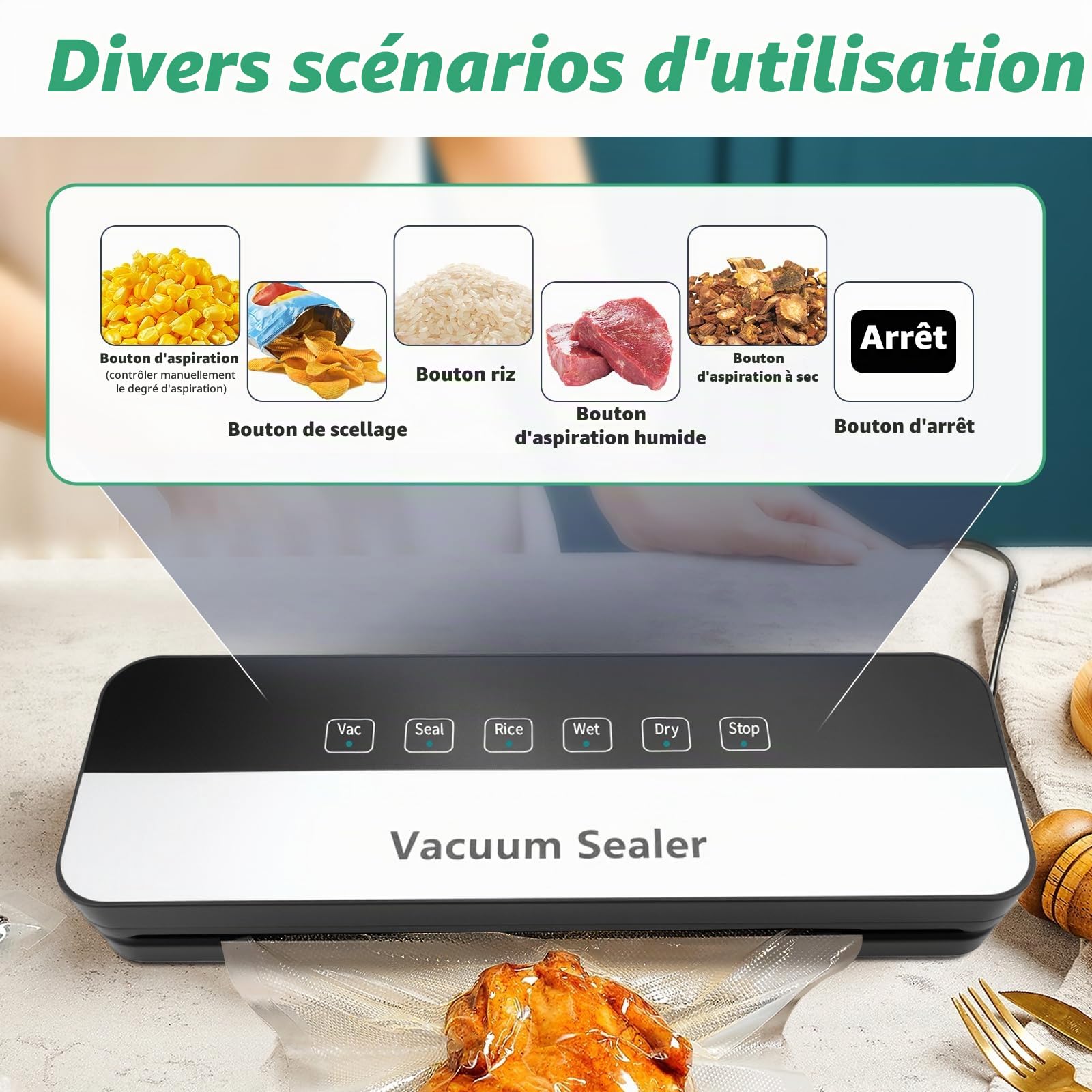 Machine à emballer sous vide | 6 en 1 pour aliments, mode sec/humide, appareil de scellage alimentaire avec sac sous vide