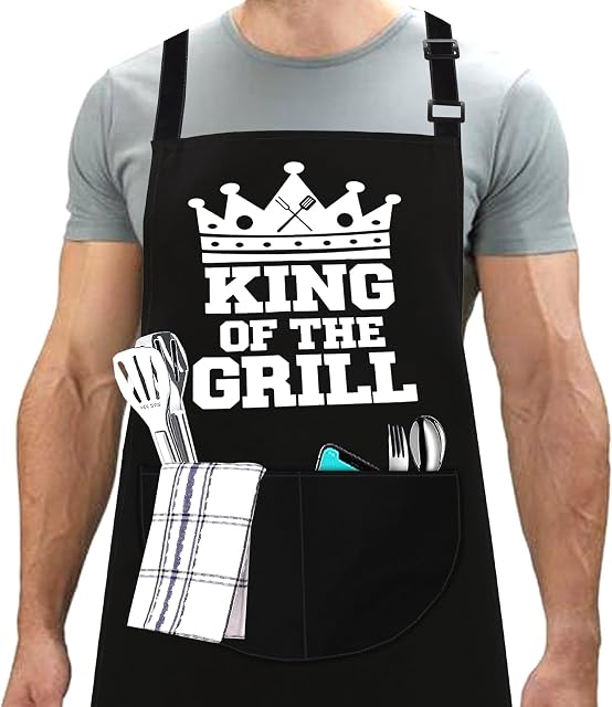 LINEN CLOSET Chef Aprons for Men Women Funny Aprons Professional Bbq Aprons Ladies Kitchen Cooking Apron with 2 Front Pockets Home Kitchen Garden Work Restaurant (King Of The Grill)