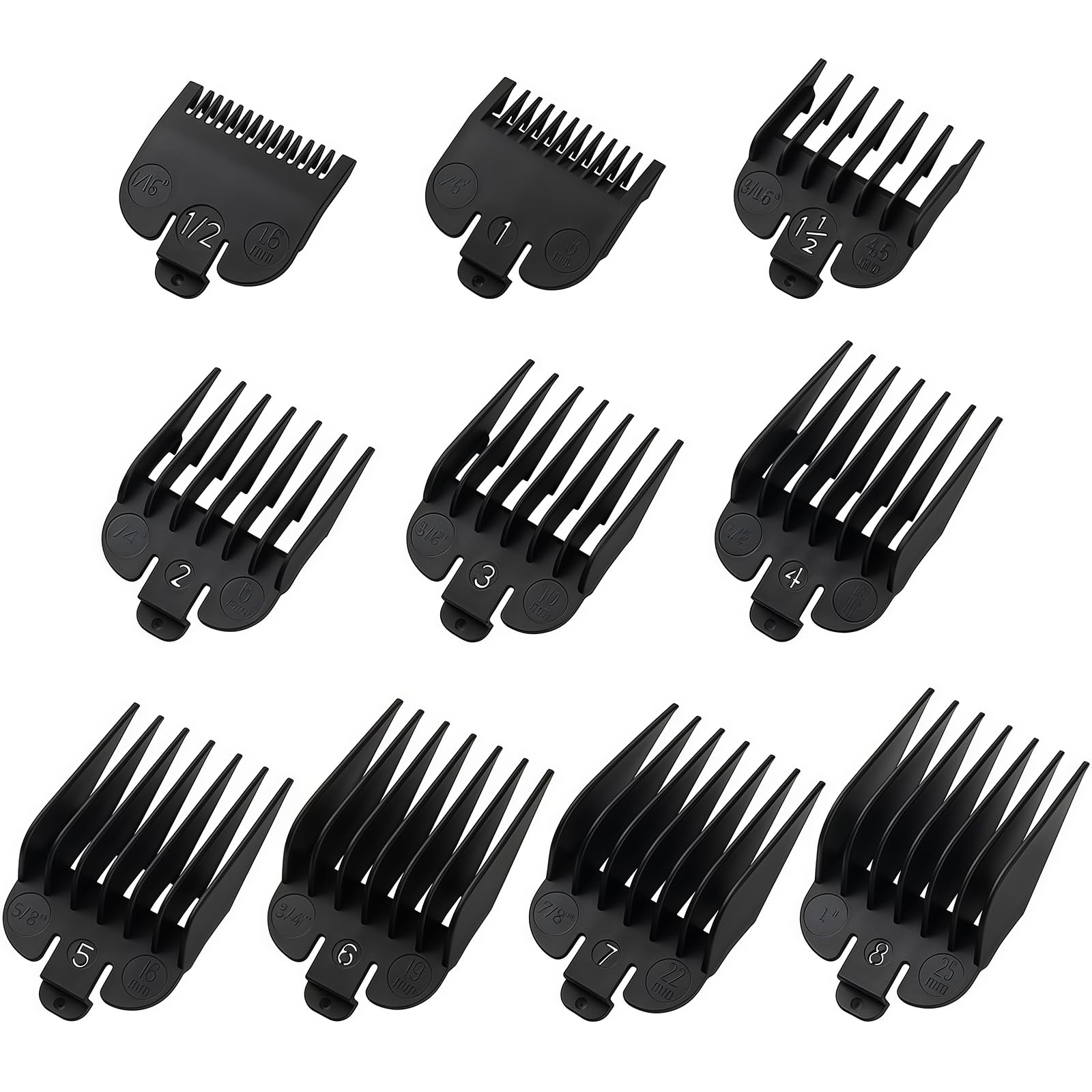 Klipperschutz-Set, kompatybilny z większością maszynek do strzyżenia włosów, zamiennik szyn do strzyżenia włosów - od 1/16" do 1", zestaw 10 sztuk, kolor czarny
