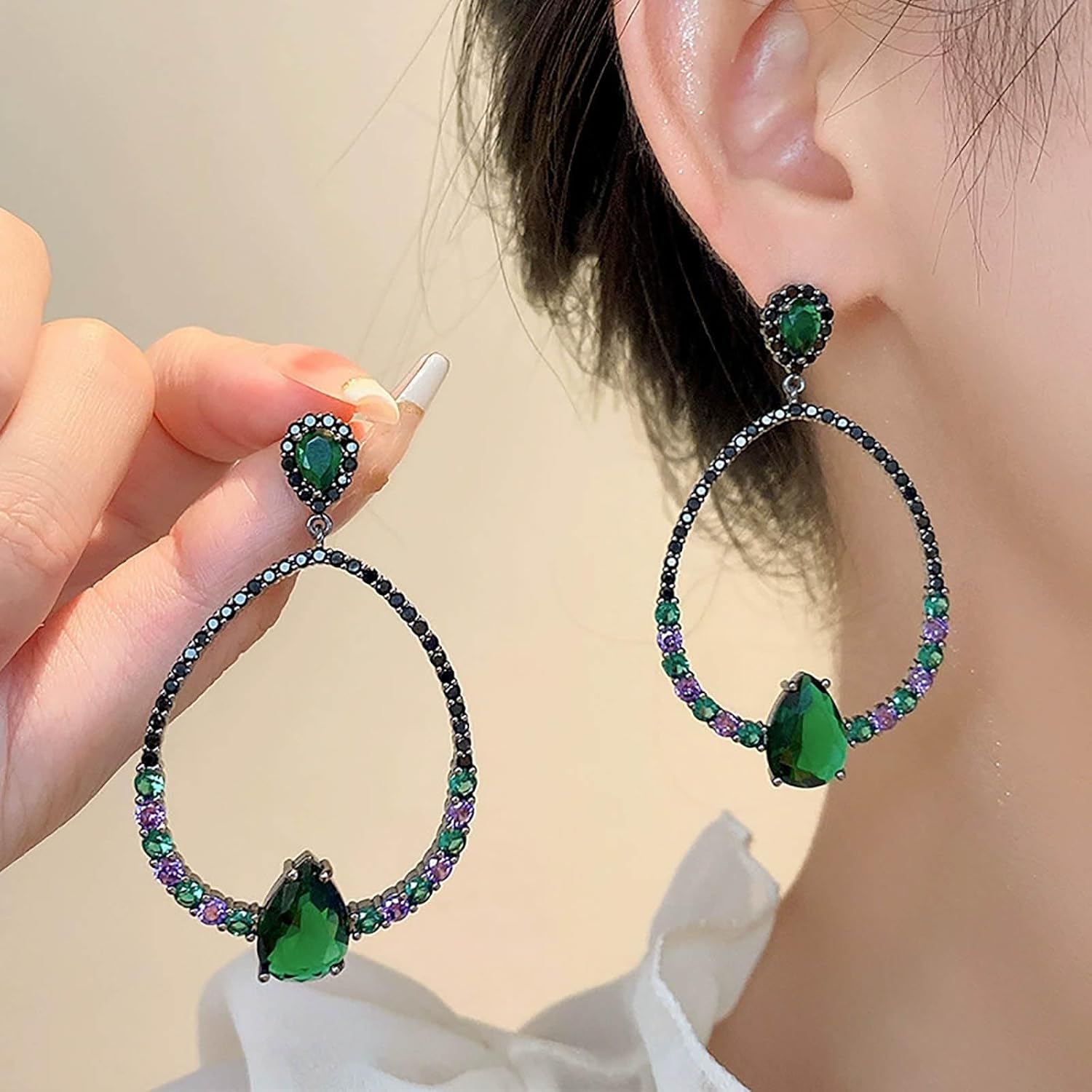 Boho Emerald Drop Earrings Hollow Teardrop Earrings Green Crystal Earrings Sparkly Cz Earrings Exaggerated Earrings Jewelry for Women and Teen Gifts - Image 8