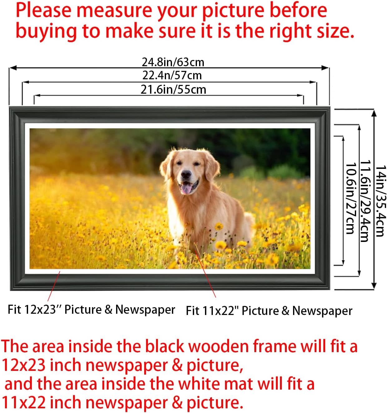 LTYHHK 12x23 Panoramic Picture Frames Solid Wood 11x22 Newspaper Frame ,Displays Picture11x22 with Mat or 12x23 Inch without Mat, Poster Frame 12x23 Photo Frames Family Wall 11x22 Picture Frame Black