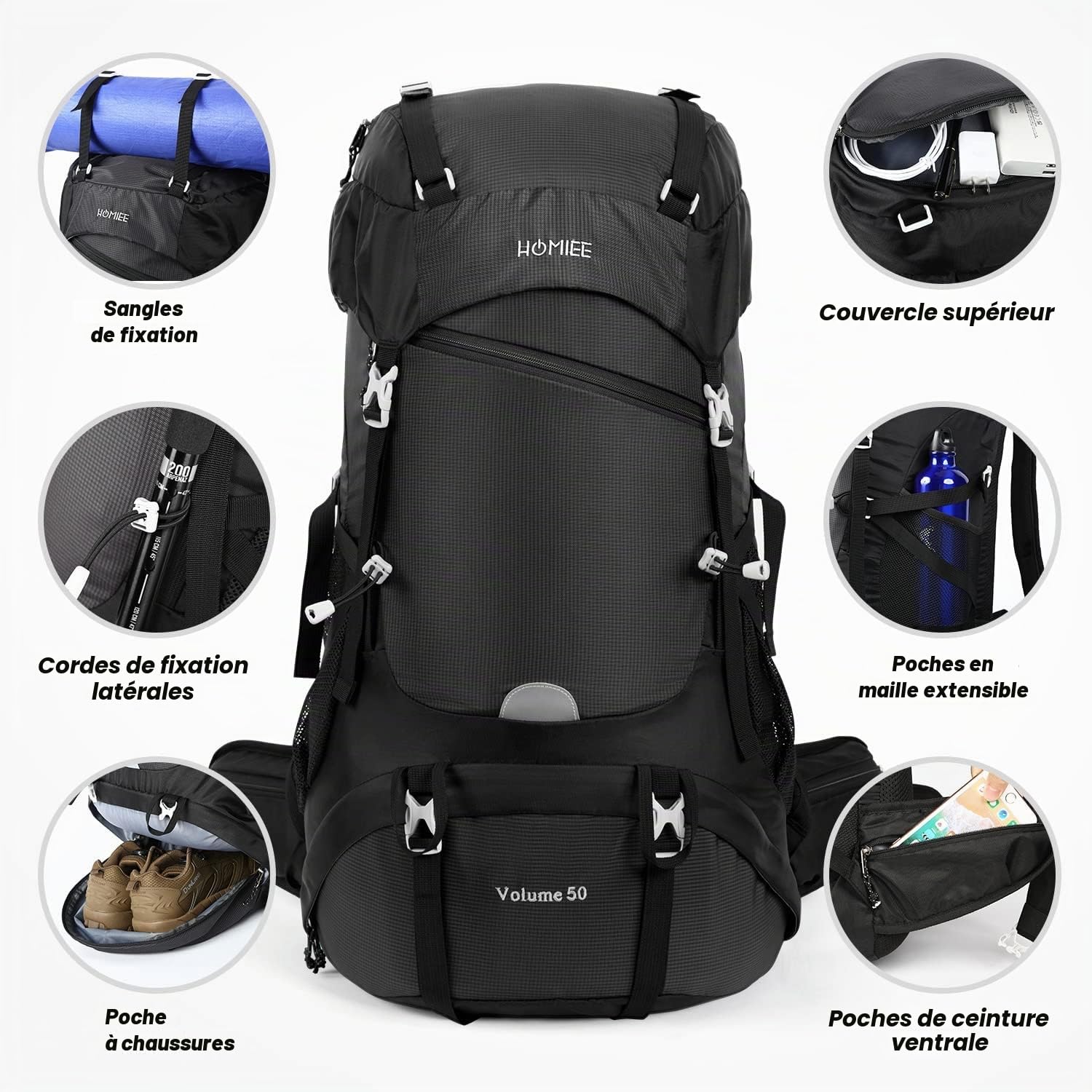 HOMIEE Sac à Dos de Randonnée 50-60L, Sac de Trekking avec Housse de Pluie, Sac à Dos Grande Capacité Multifonction pour Alpinisme Escalade Trekking Sport Voyage Camping