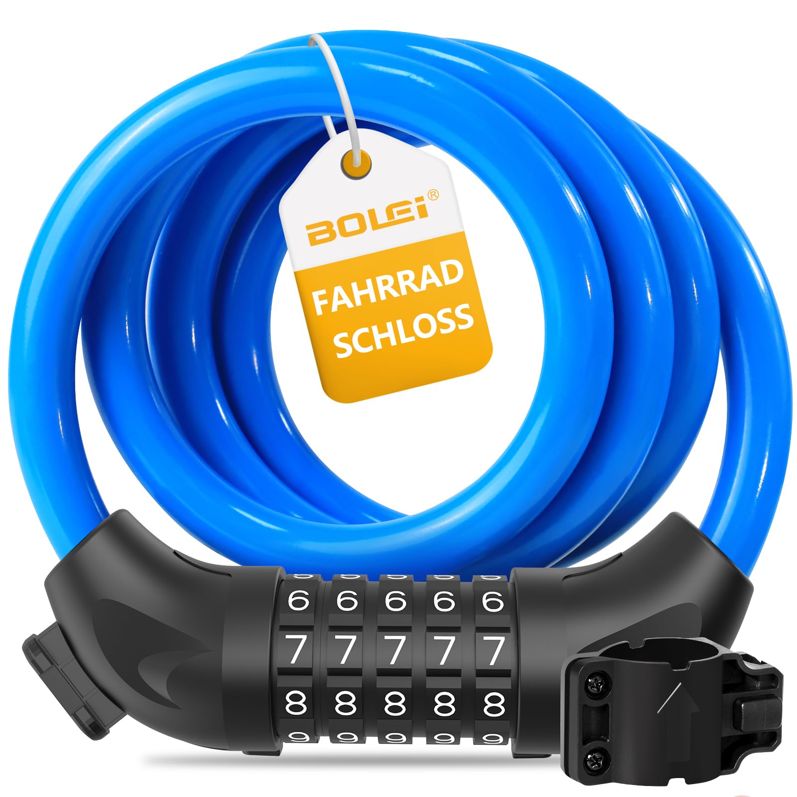 BOLEi Fahrradschloss mit Zahlencode 12mm/120CM,Anti-Diebstahl Fahrrad Kabelschloss mit 5-Stellig Code Kombination,Wasserdichtes Zahlenschloss Cable für Fahrrad,E-Bike,Kinderwagens,Leitern,Grills(Blau)