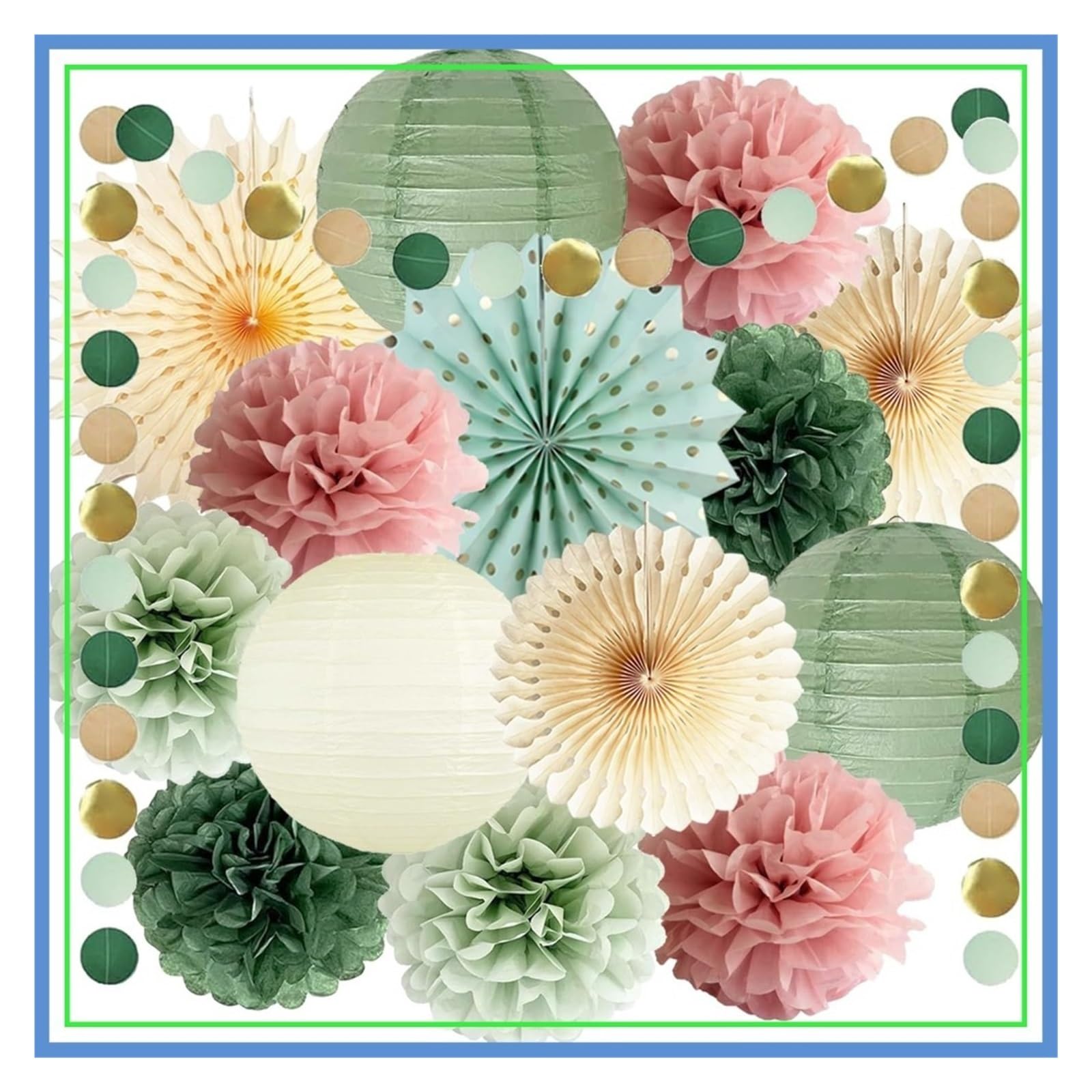 Paper Pom Poms Green Dusty Pink Party Decorations - Tissue Pom Poms, Paper Lanterns, Beige Fans for Bridal Shower