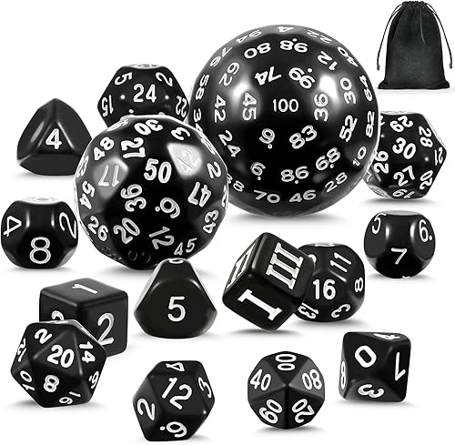 DNDND D100 - Juego de dados poliédricos DND con bolsa de terciopelo para juegos de rol (negro con número blanco)